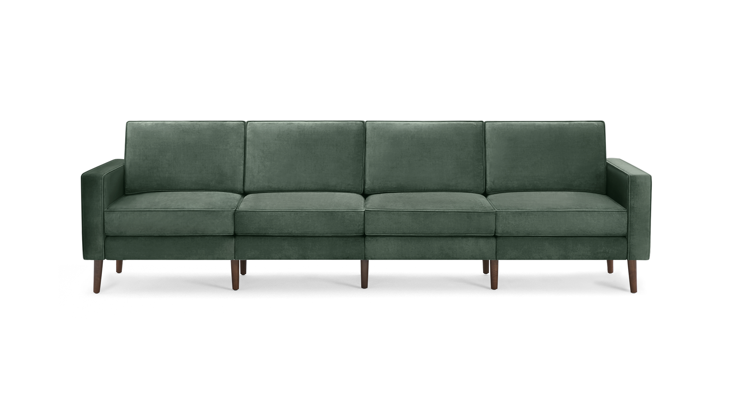 modern green velvet sofa with wooden legs and clean lines on the back, featuring a clean, modern design