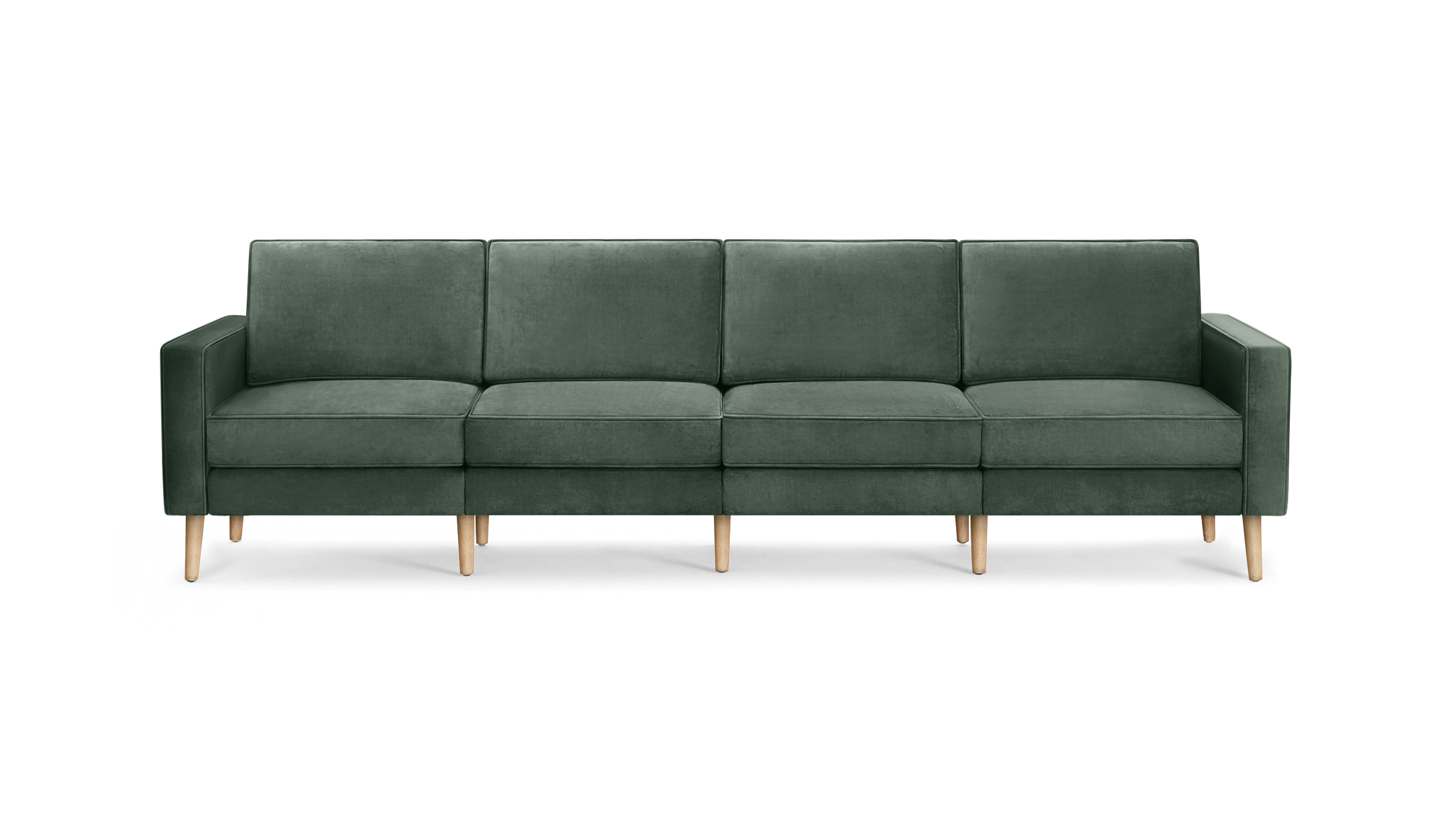 modern green velvet sofa with wooden legs and a clean, modern design