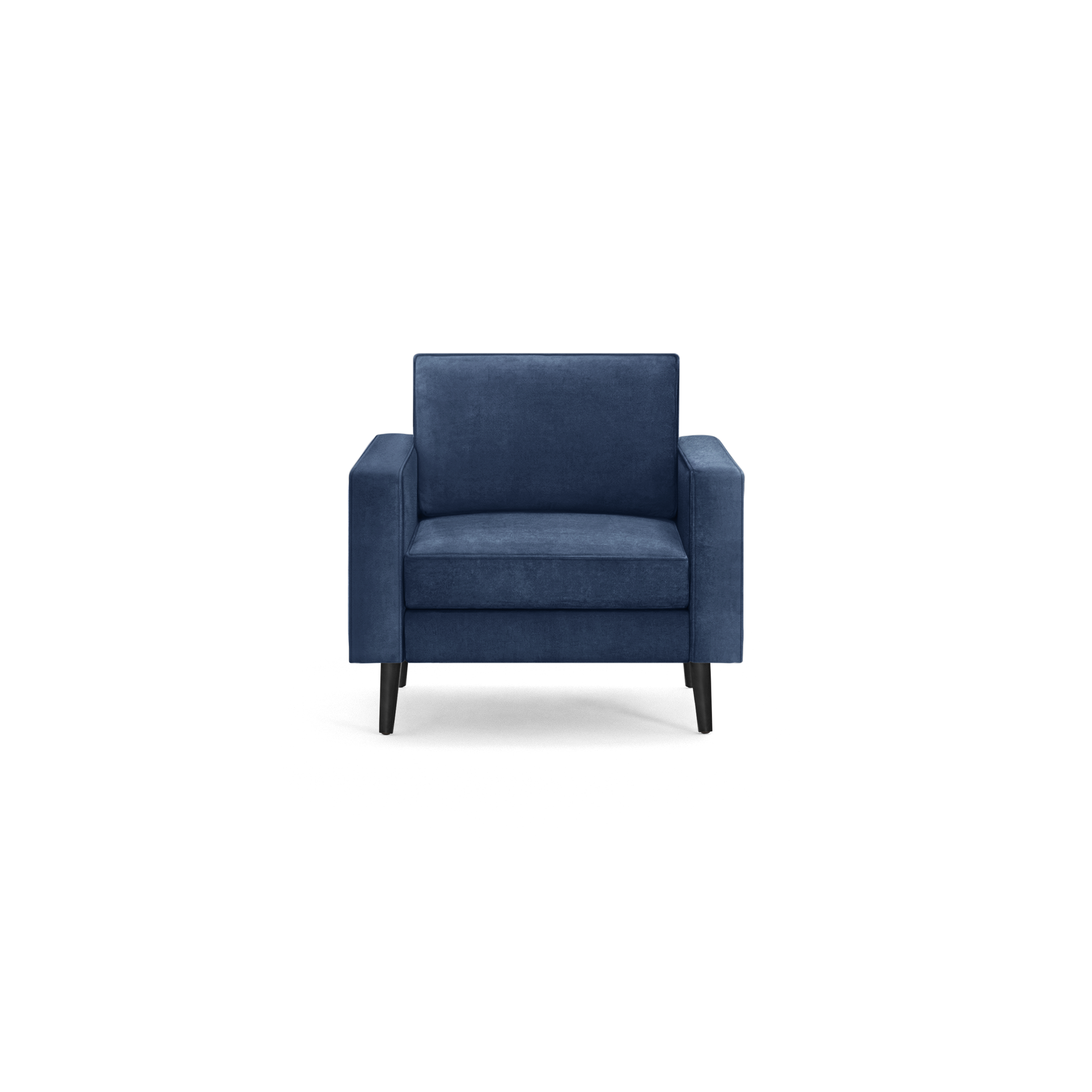 modern navy blue velvet armchair with black tapered legs and a sleek backrest, featuring a wooden tapered armrest and a sleek seat