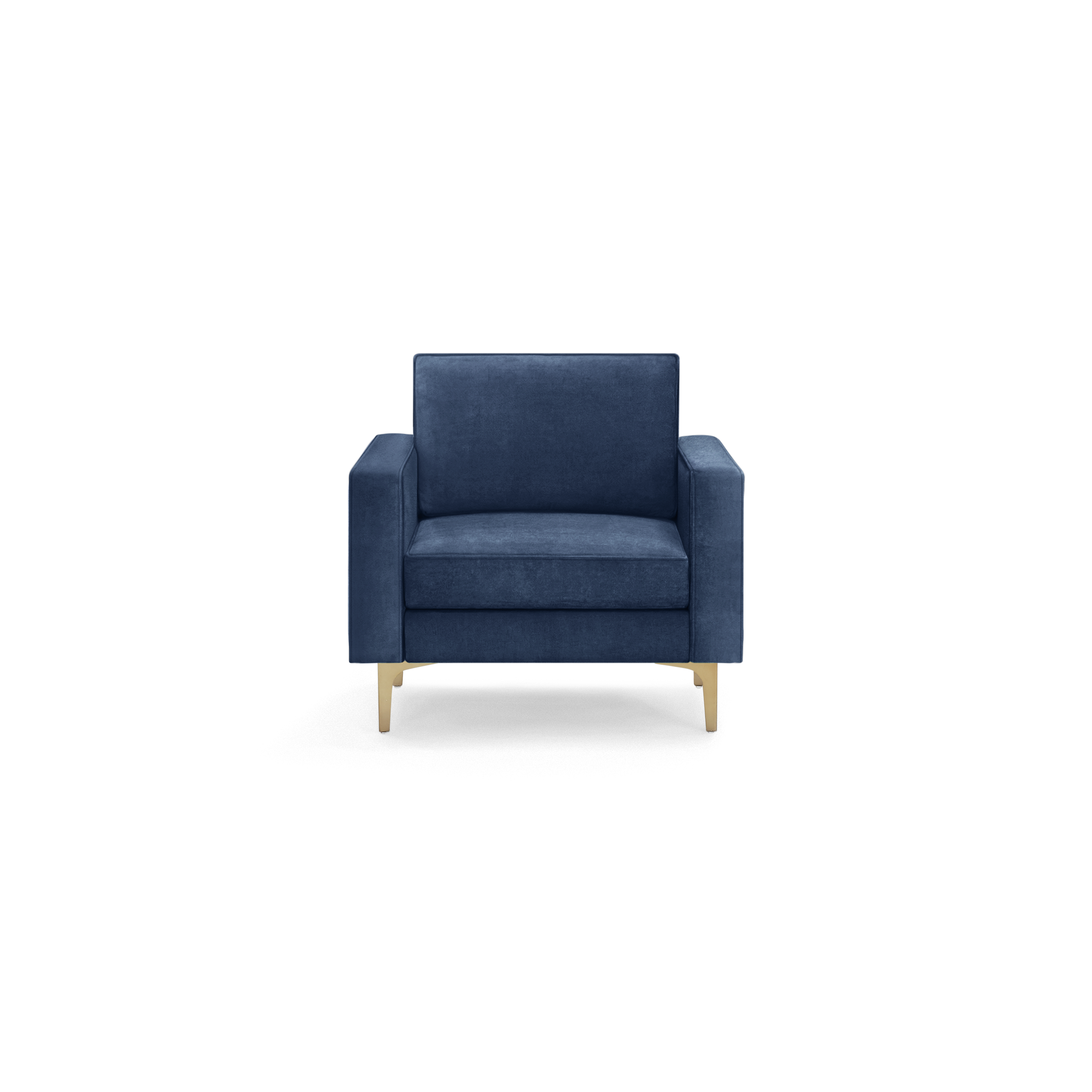 modern navy blue velvet armchair with wooden legs and backrests, featuring a rounded cushioned seat and backrest, on a black background