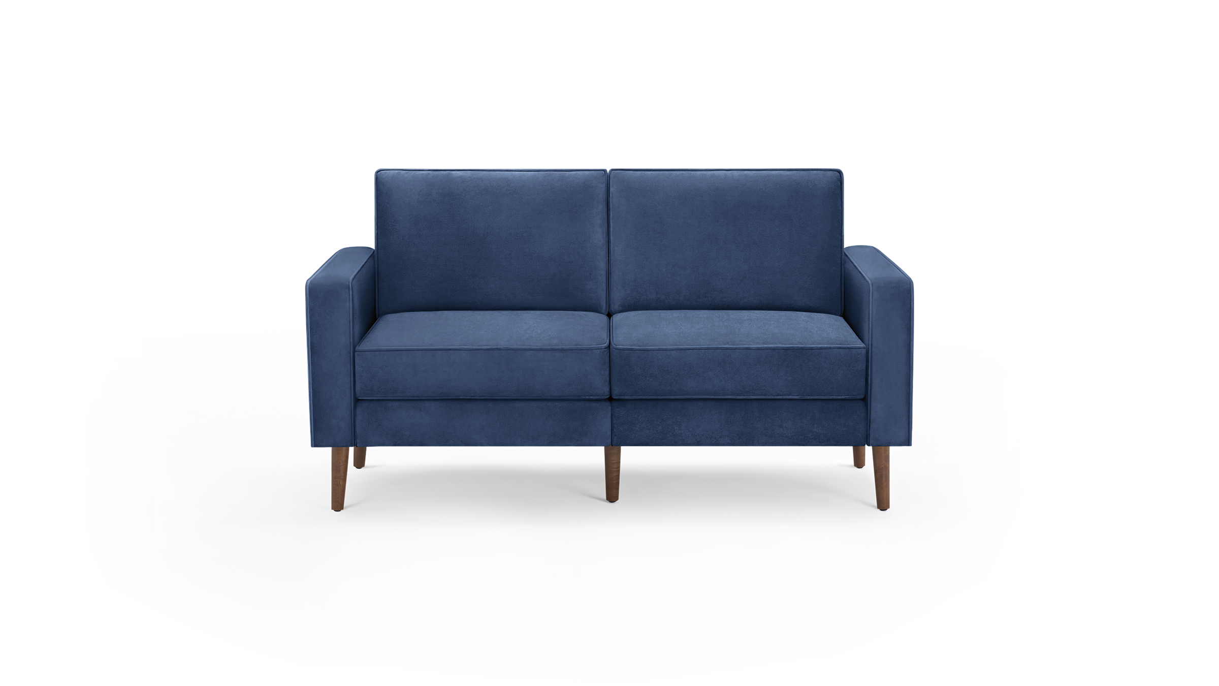 modern blue velvet loveseat with wooden legs and tapered backrests, featuring a clean, modern design