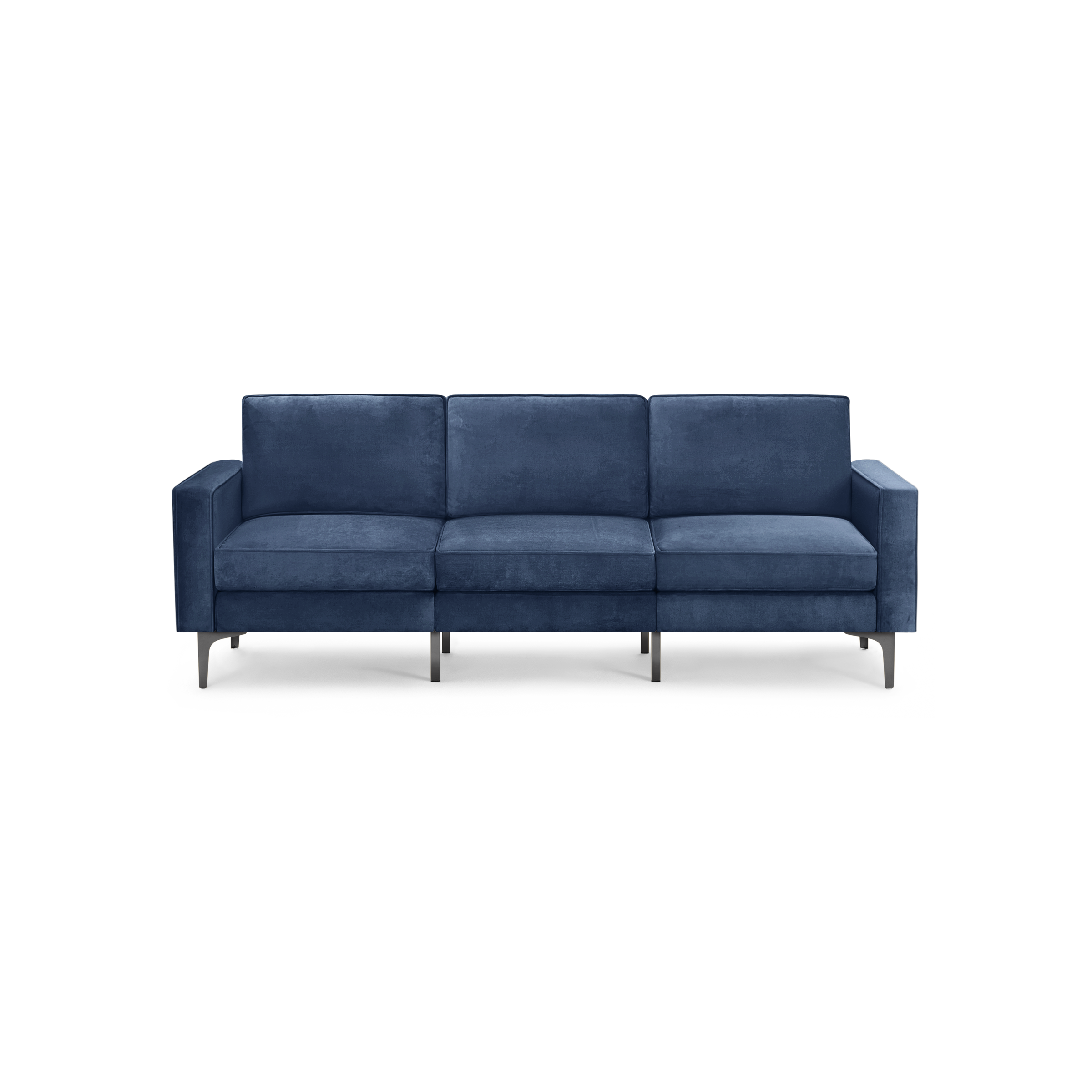modern blue velvet sofa with black metal legs and a deep blue upholstery fabric sofa with clean lines and clean lines on the back