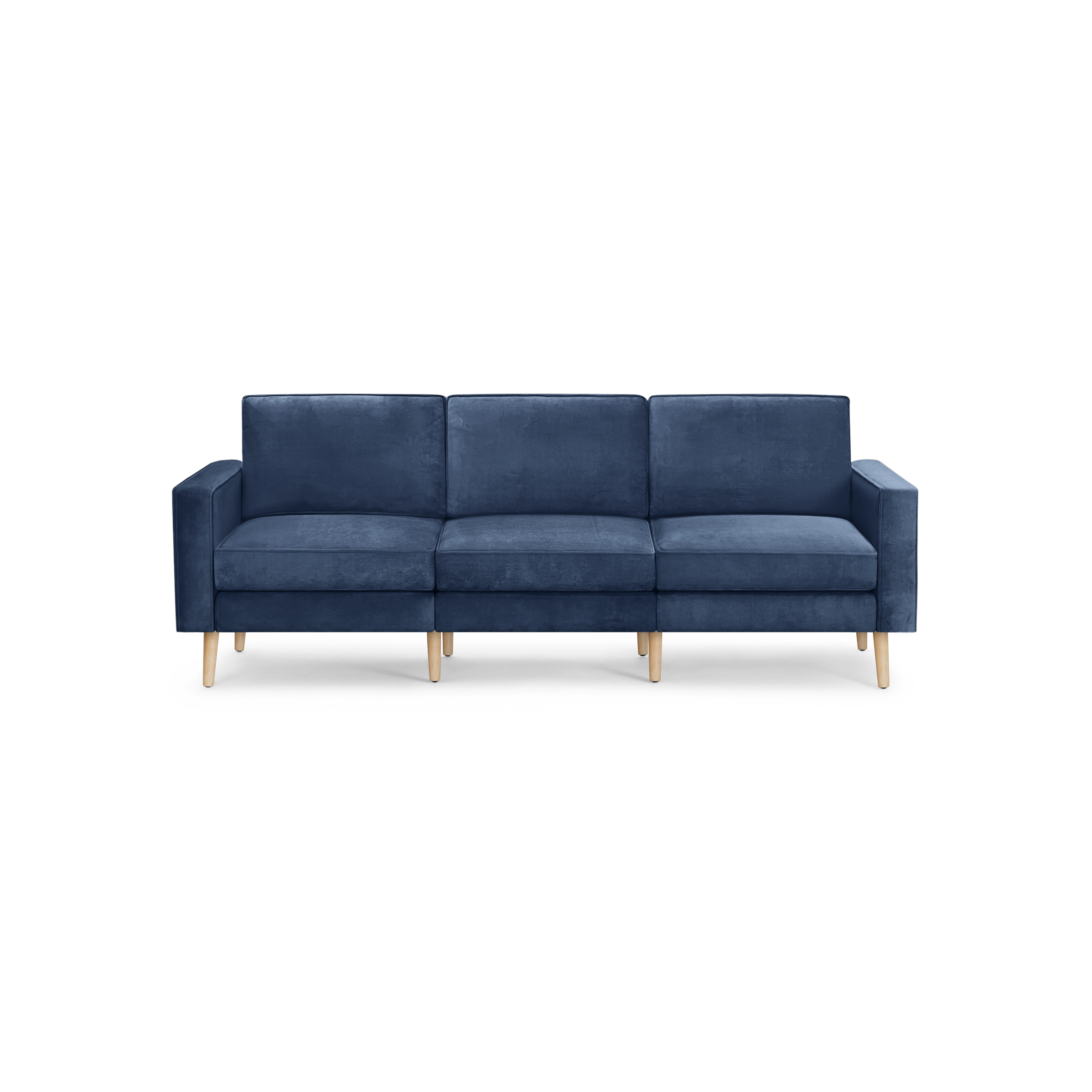 modern blue velvet sofa with wooden legs and a deep blue upholstery fabric sofa with clean lines and rounded cushions