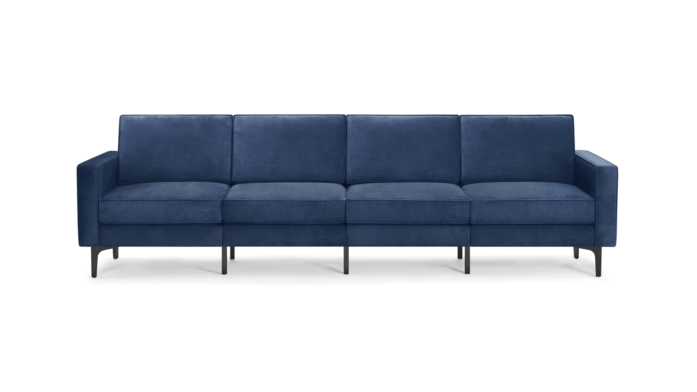 modern navy blue velvet sofa with black metal legs and clean lines on the back, featuring a clean, modern design