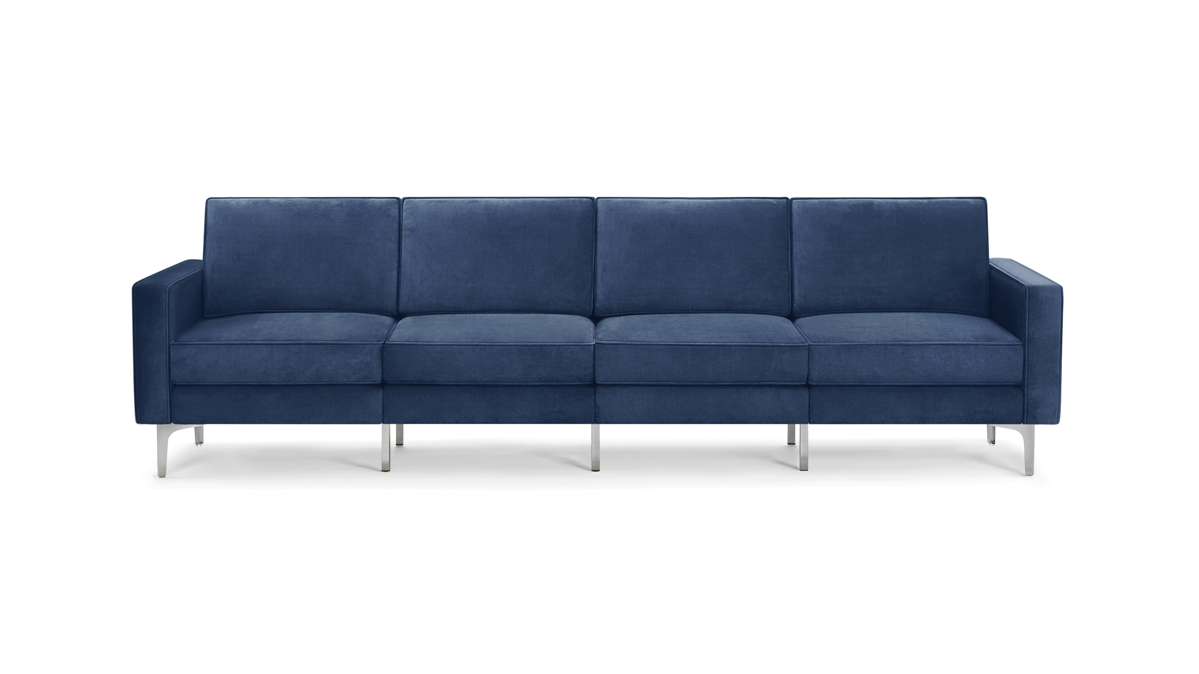 modern navy blue velvet sofa with chrome legs and clean lines on the back, featuring a clean, modern design