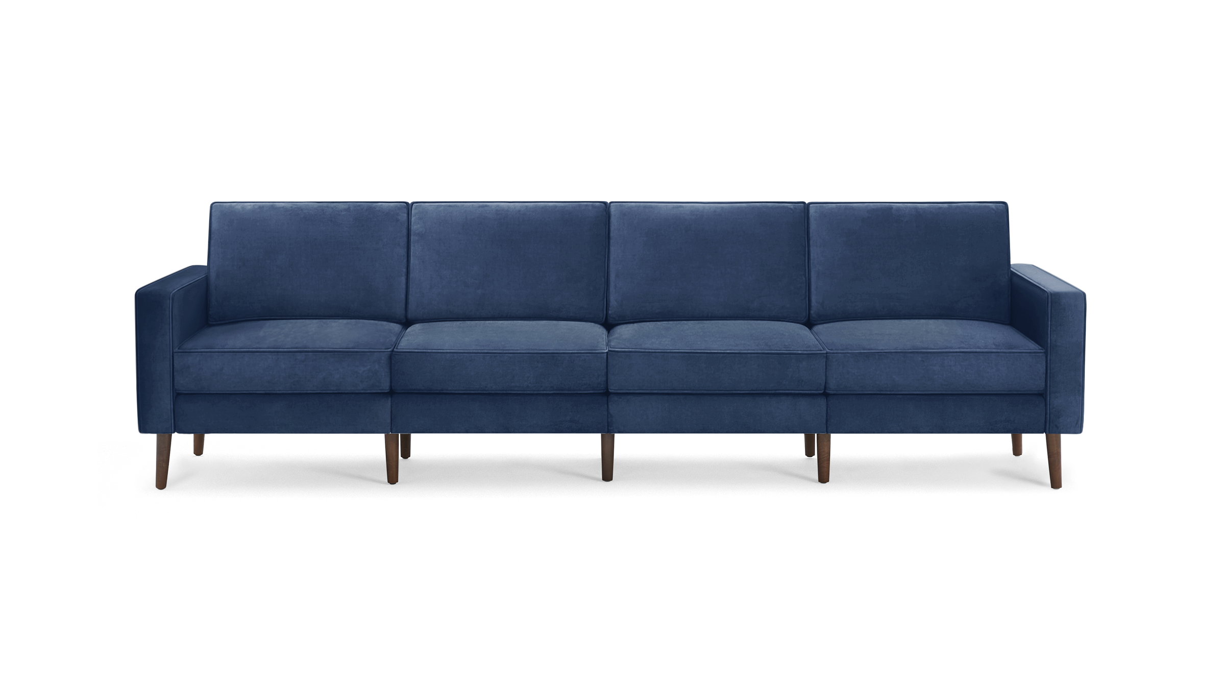 modern navy blue velvet sofa with wooden legs and clean lines on the back, featuring a clean, modern design