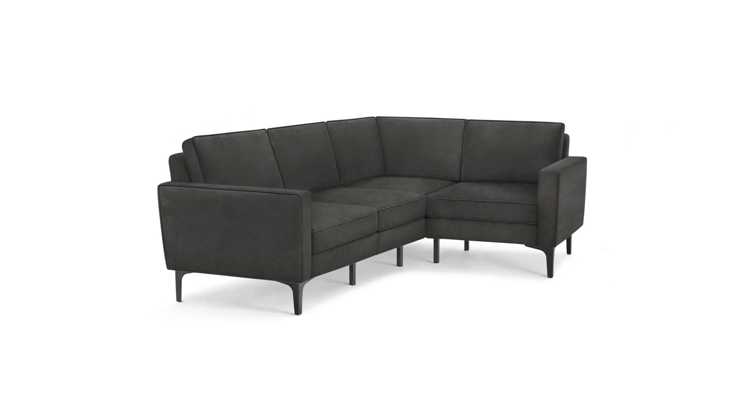 modern l - shaped sectional sofa with dark gray fabric upholstery, featuring tapered armrests, and black metal legs