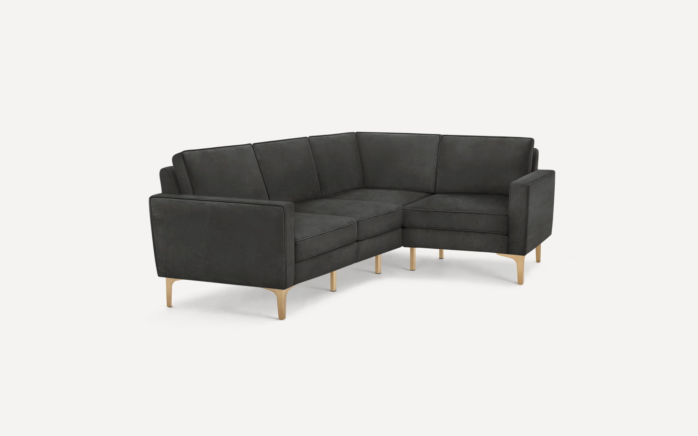 Modern dark gray sectional sofa with clean lines, thin armrests, and light wooden legs on a white background.