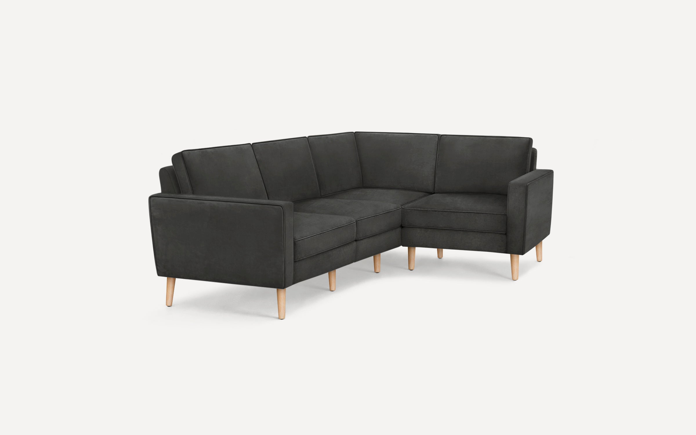Dark gray L-shaped sectional sofa with wooden legs, featuring clean lines and cushioned seats and backrests.