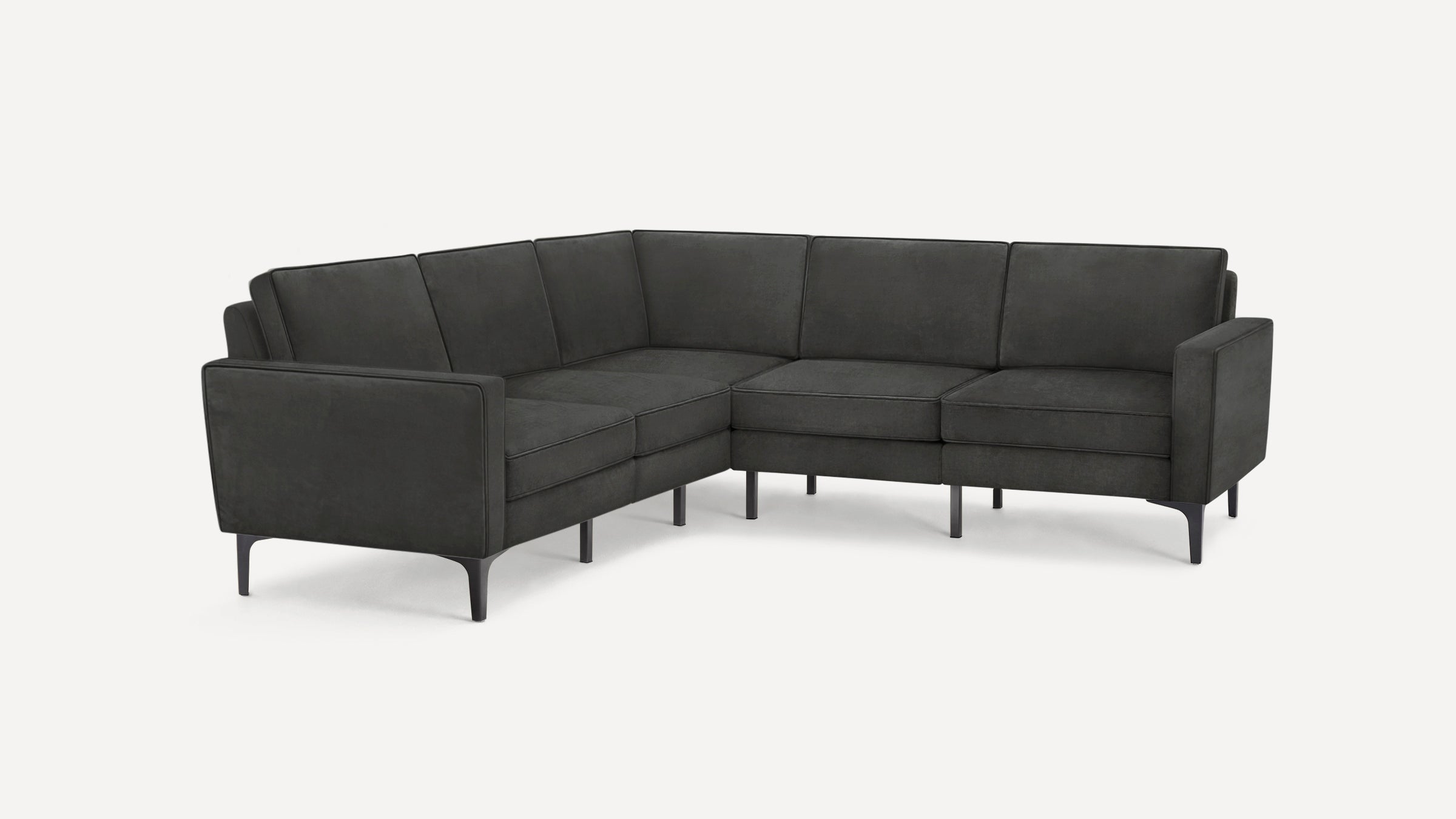 Modern dark gray L-shaped sectional sofa with clean lines, square cushions, and slim black legs on a white background.