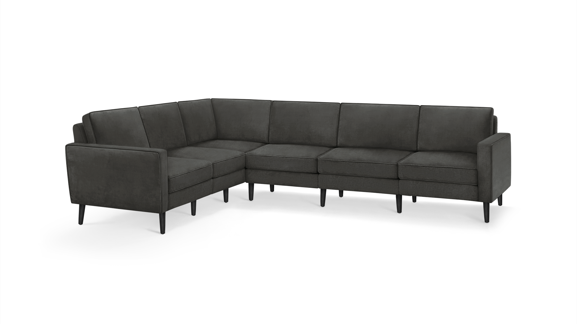 modern l - shaped sectional sofa with dark gray fabric upholstery, tapered legs, and a sleek design, featuring a clean, minimalist design