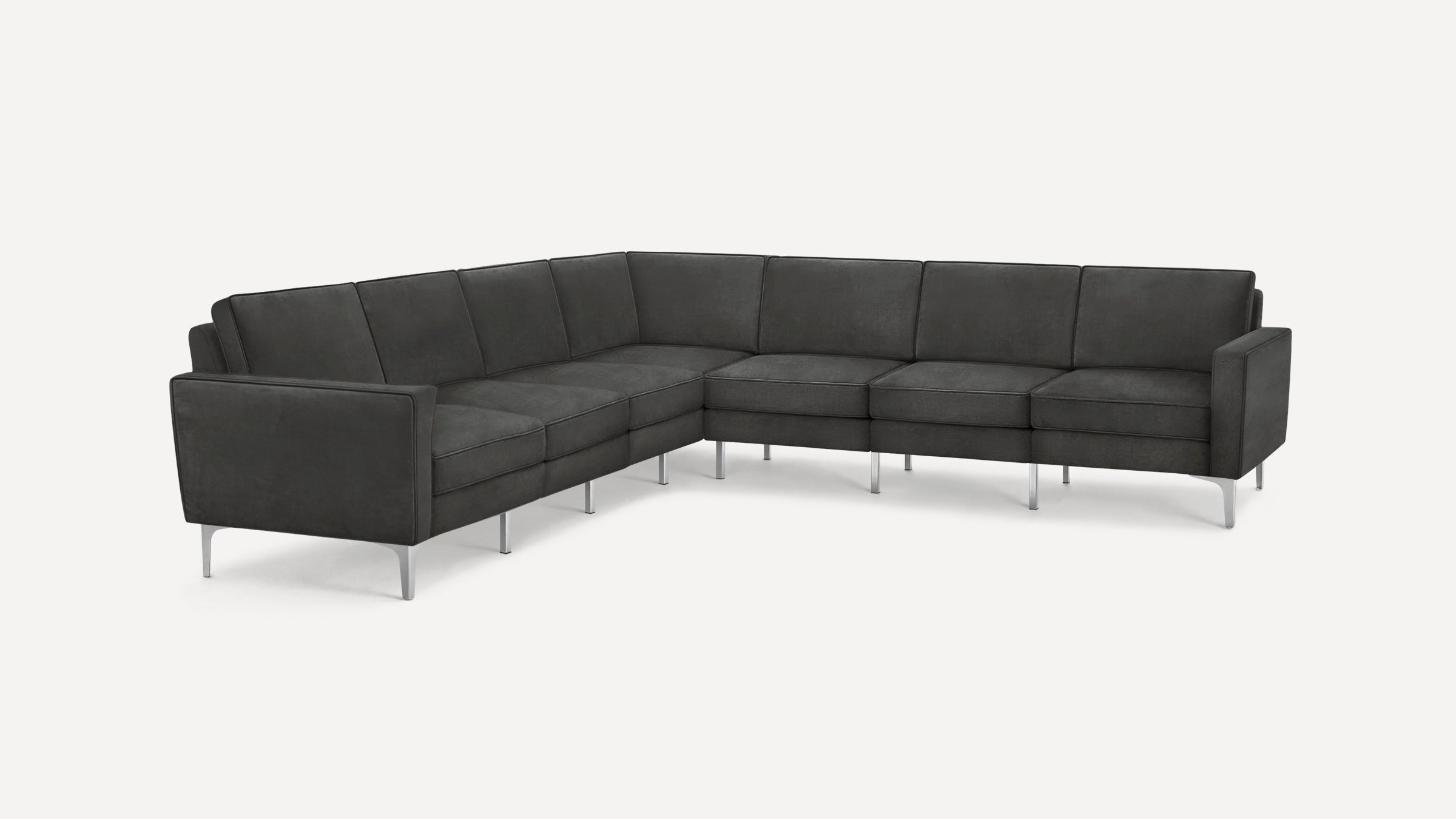 Modern dark gray L-shaped sectional sofa with sleek metal legs and cushioned seats and backrests.