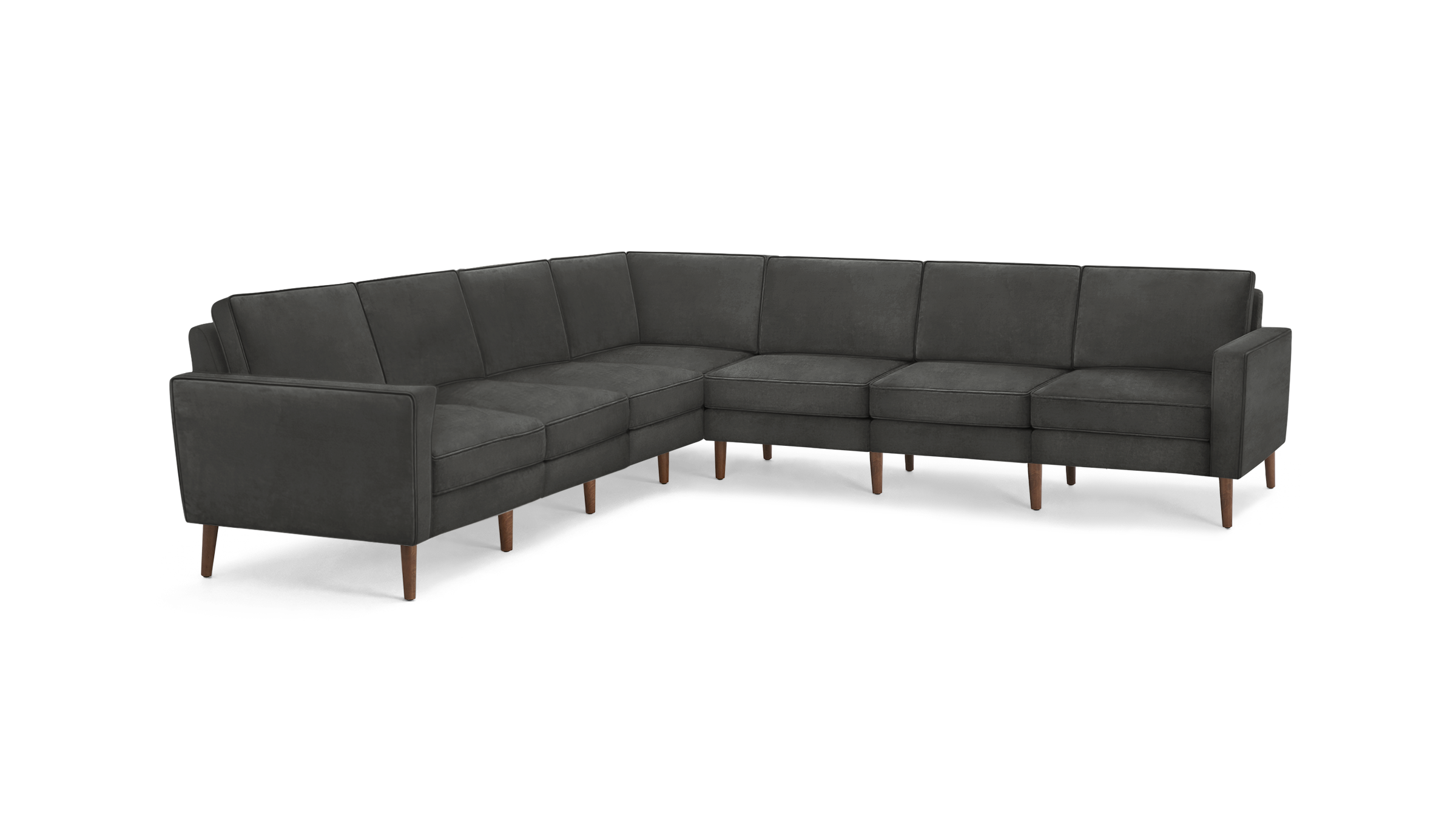 dark gray l - shaped sectional sofa with wooden legs and clean lines on the back, featuring clean lines and clean lines on the arms