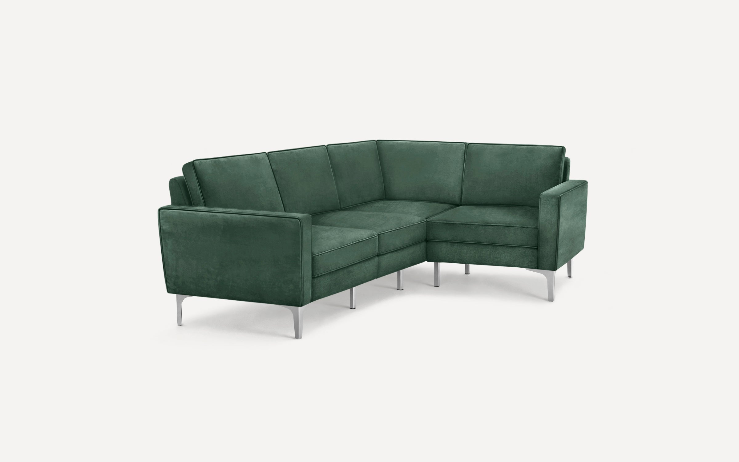 Modern forest green velvet sectional sofa with sleek metal legs and clean, angular lines on a white background.