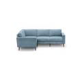 modern light blue sectional sofa with wooden legs and clean lines on the back, featuring a deep cushioned seat and back cushions