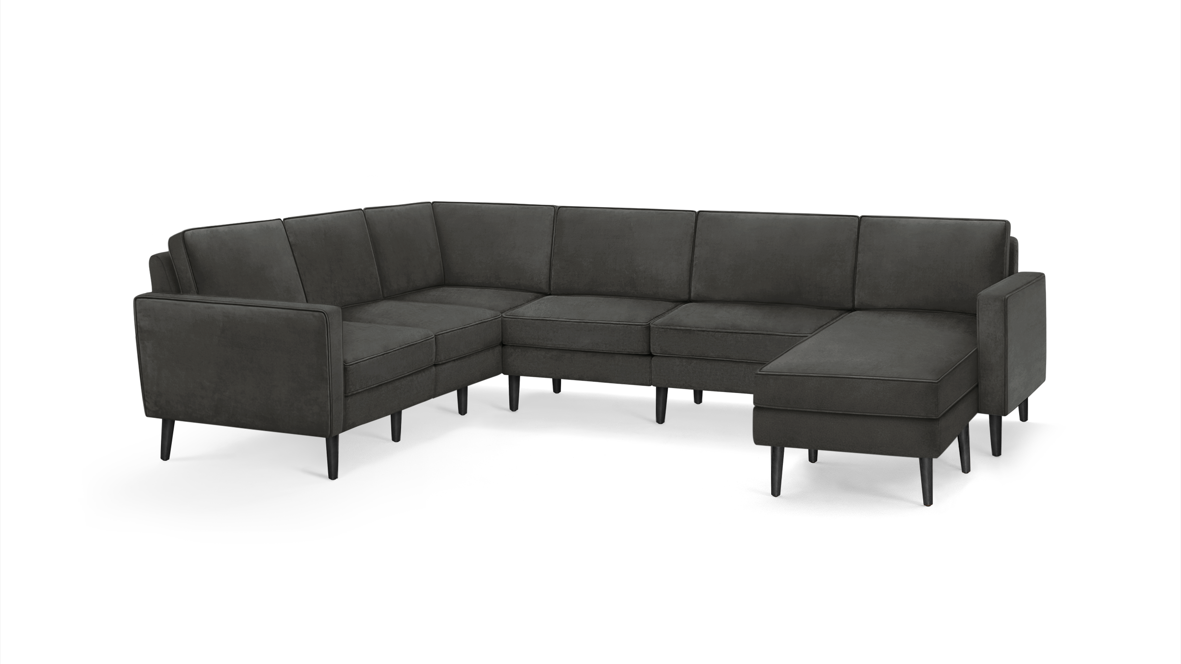 modern l - shaped sectional sofa with dark gray fabric upholstery, tapered legs, and a sleek design, featuring a clean, minimalist design