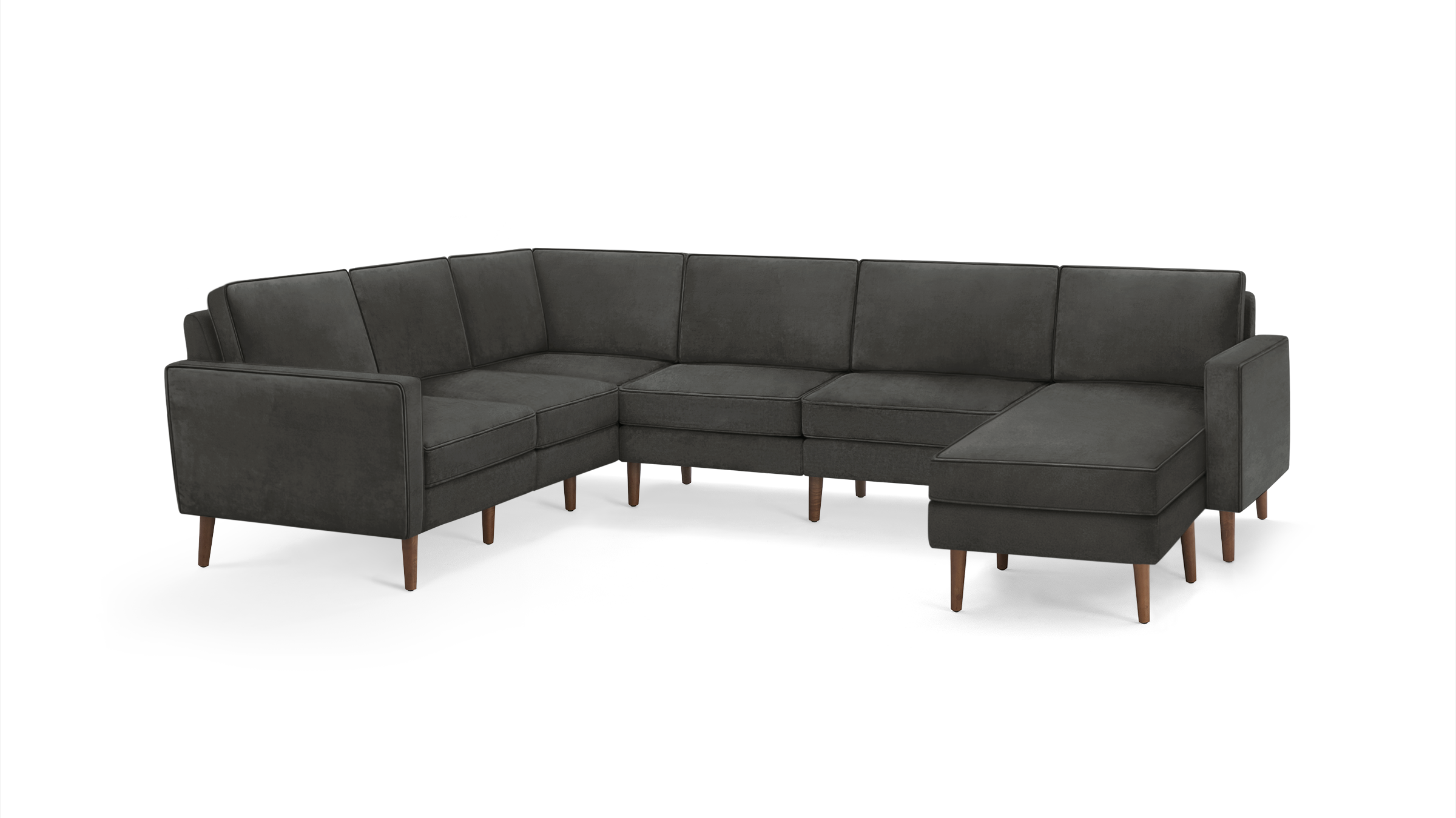 modern l - shaped sectional sofa with dark gray fabric upholstery, tapered legs, and a clean, modern design
