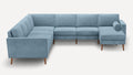 modern light blue sectional sofa with wooden legs and clean lines on the back, featuring a chaise lounge and matching ottoman