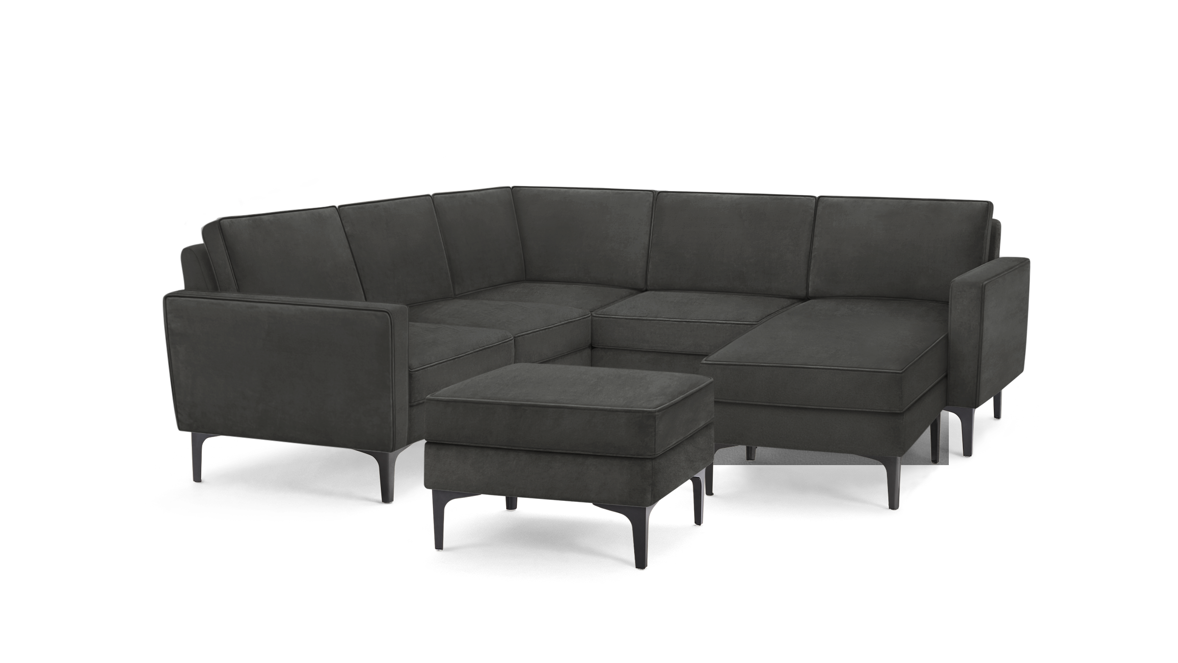 modern dark gray sectional sofa with matching ottoman, featuring sleek lines and sleek lines, featuring a sleek design and sleek lines