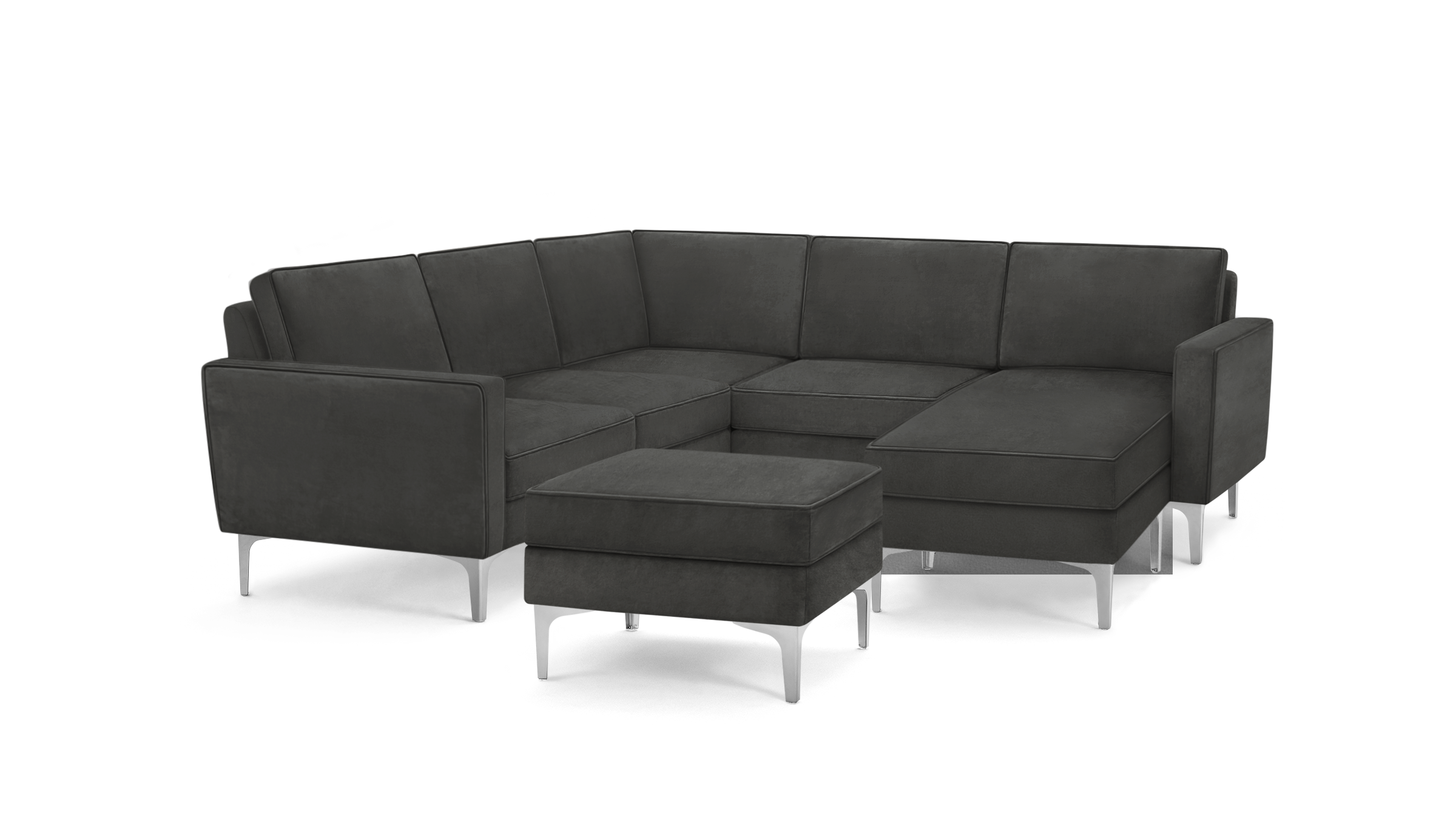 modern l - shaped sectional sofa with sleek lines and sleek metal legs, featuring a deep - dark gray fabric upholstery, featuring a