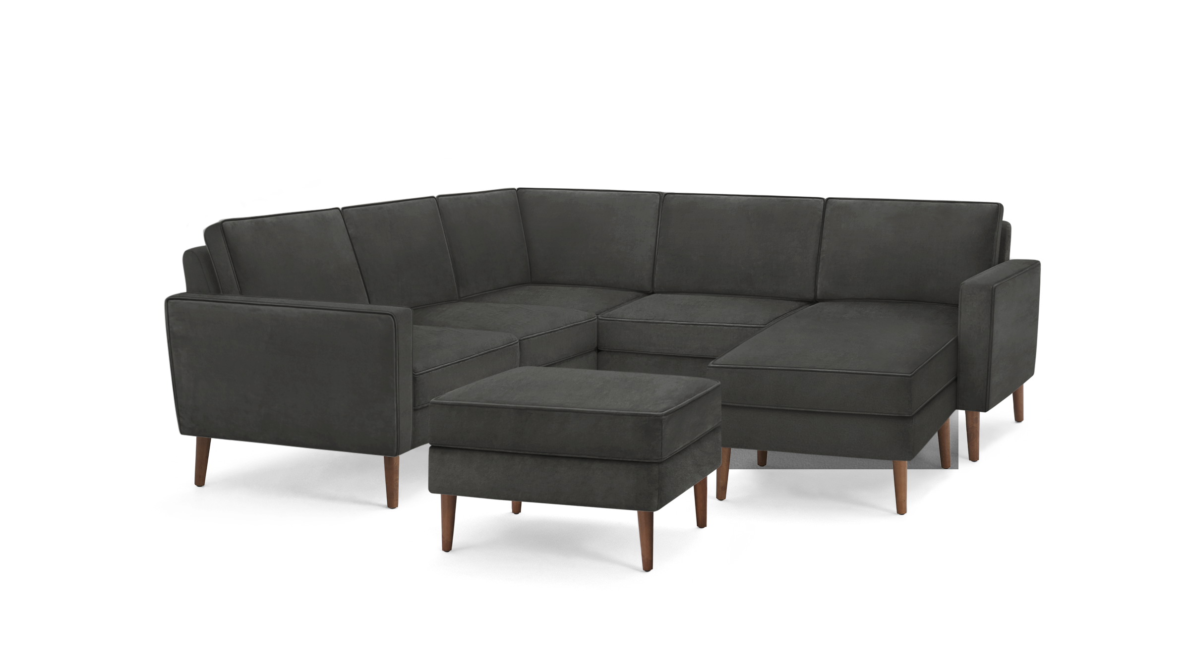 modern dark gray sectional sofa with wooden legs and matching ottoman, featuring a sleek design and clean lines on the back