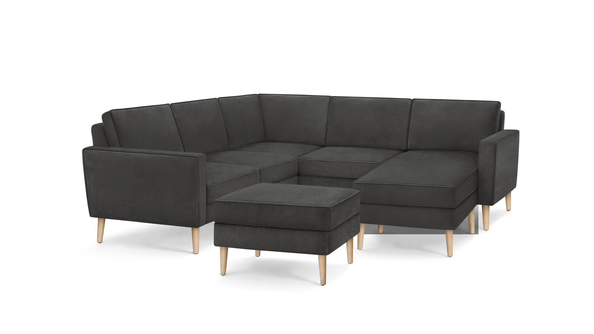 modern dark gray sectional sofa with wooden legs and matching ottoman, featuring a sleek design and clean lines on the back