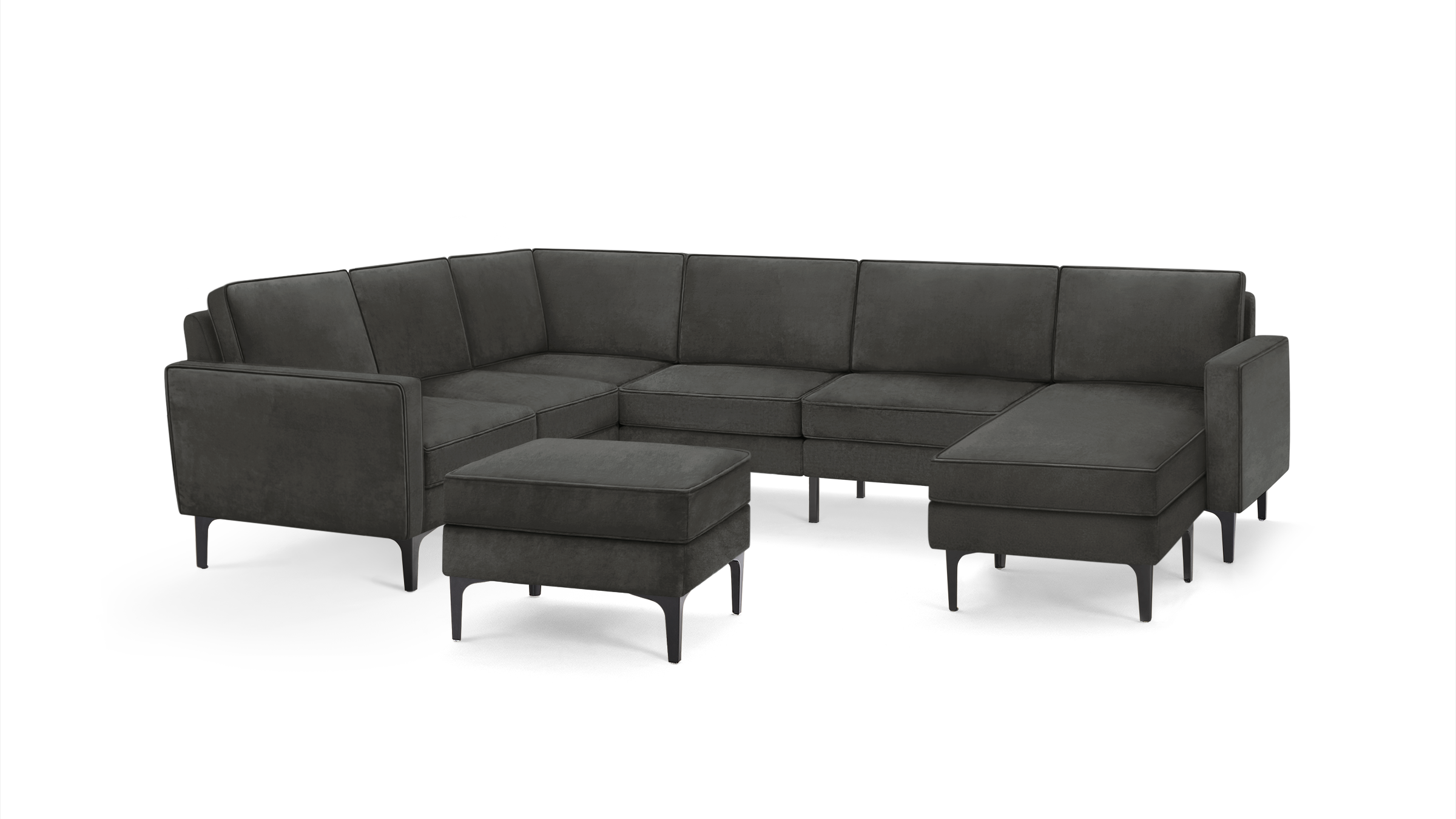 modern dark gray velvet sectional sofa with matching ottoman, featuring tapered, tapered legs, and a matching ottoman, featuring a matching ottoman