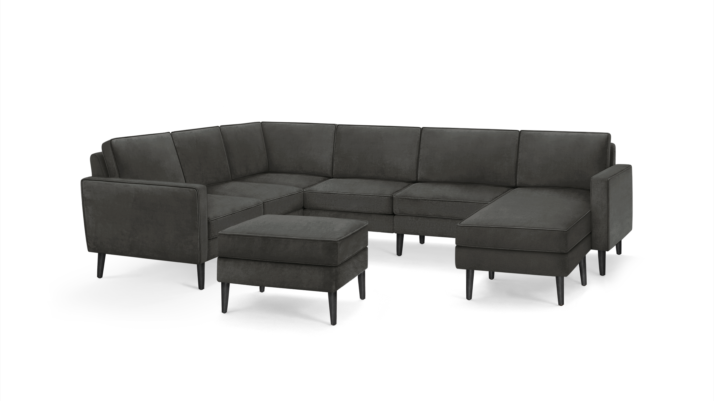 modern dark gray sectional sofa with matching ottoman, matching ottoman, and matching ottoman, featuring tapered legs and a matching ottoman