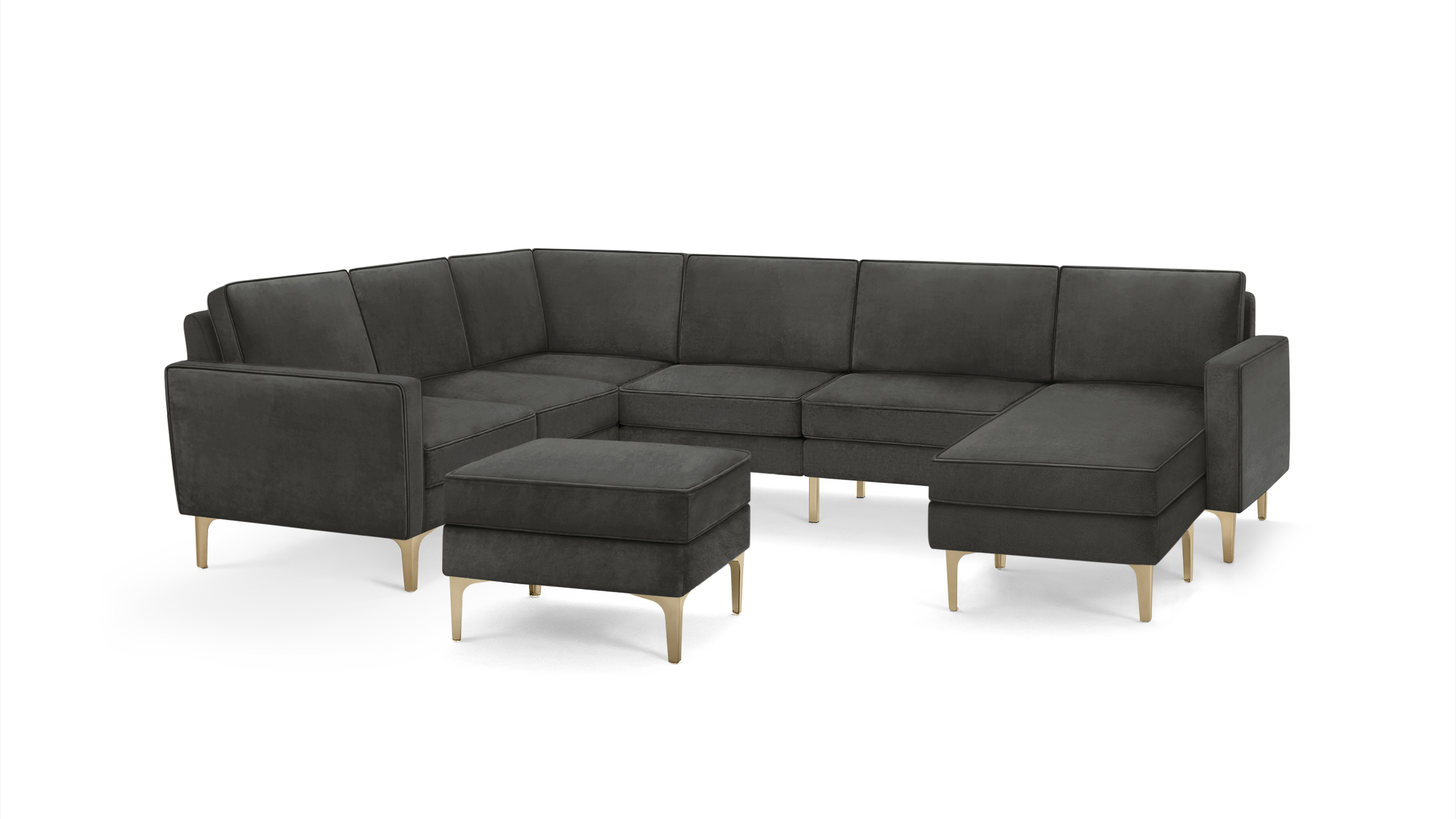 modern dark gray velvet sectional sofa with gold legs and matching ottoman, featuring a clean, modern design
