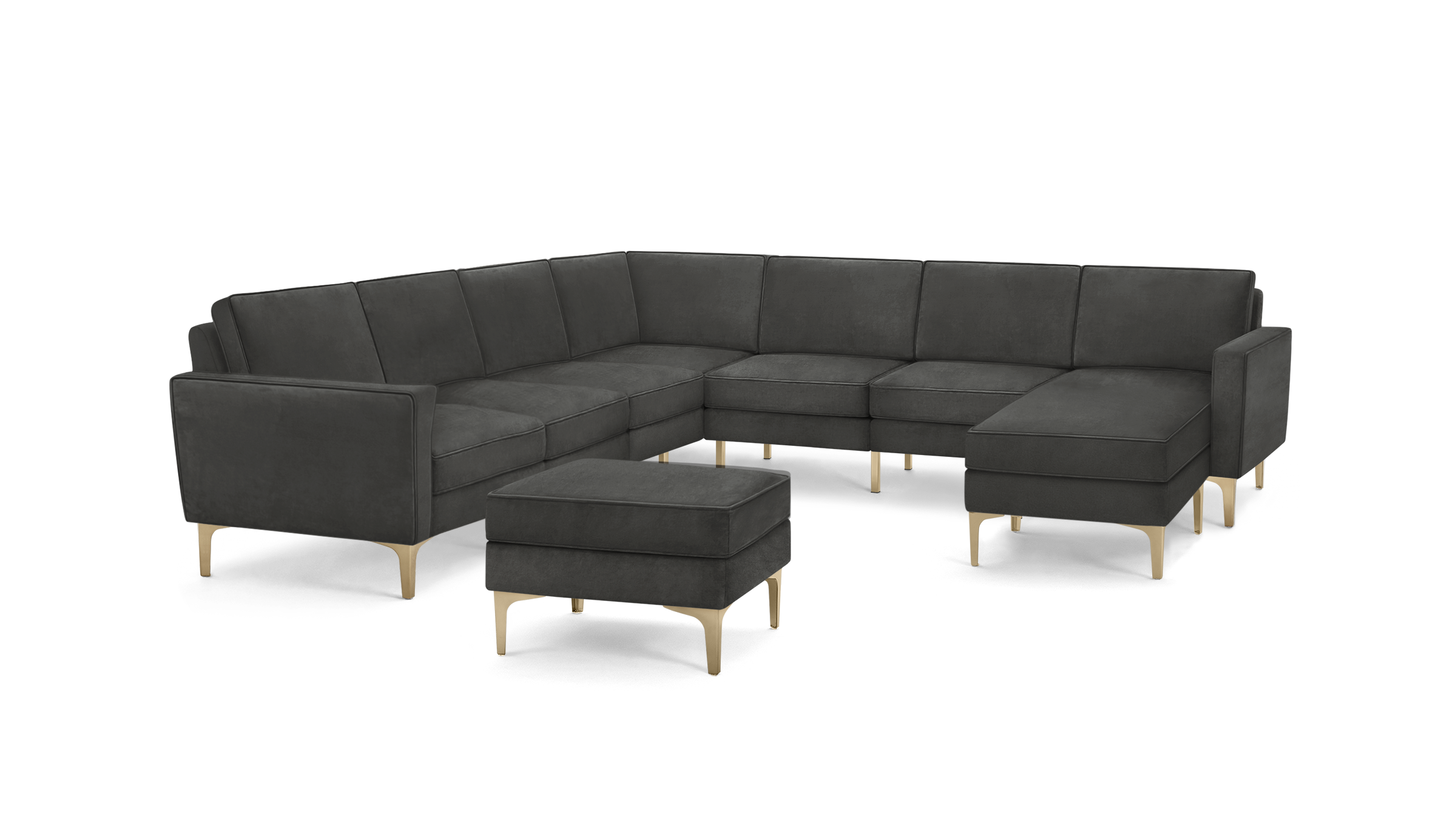 modern dark gray sectional sofa with matching ottoman, featuring a tufted backrest, matching ottoman, and matching ottoman
