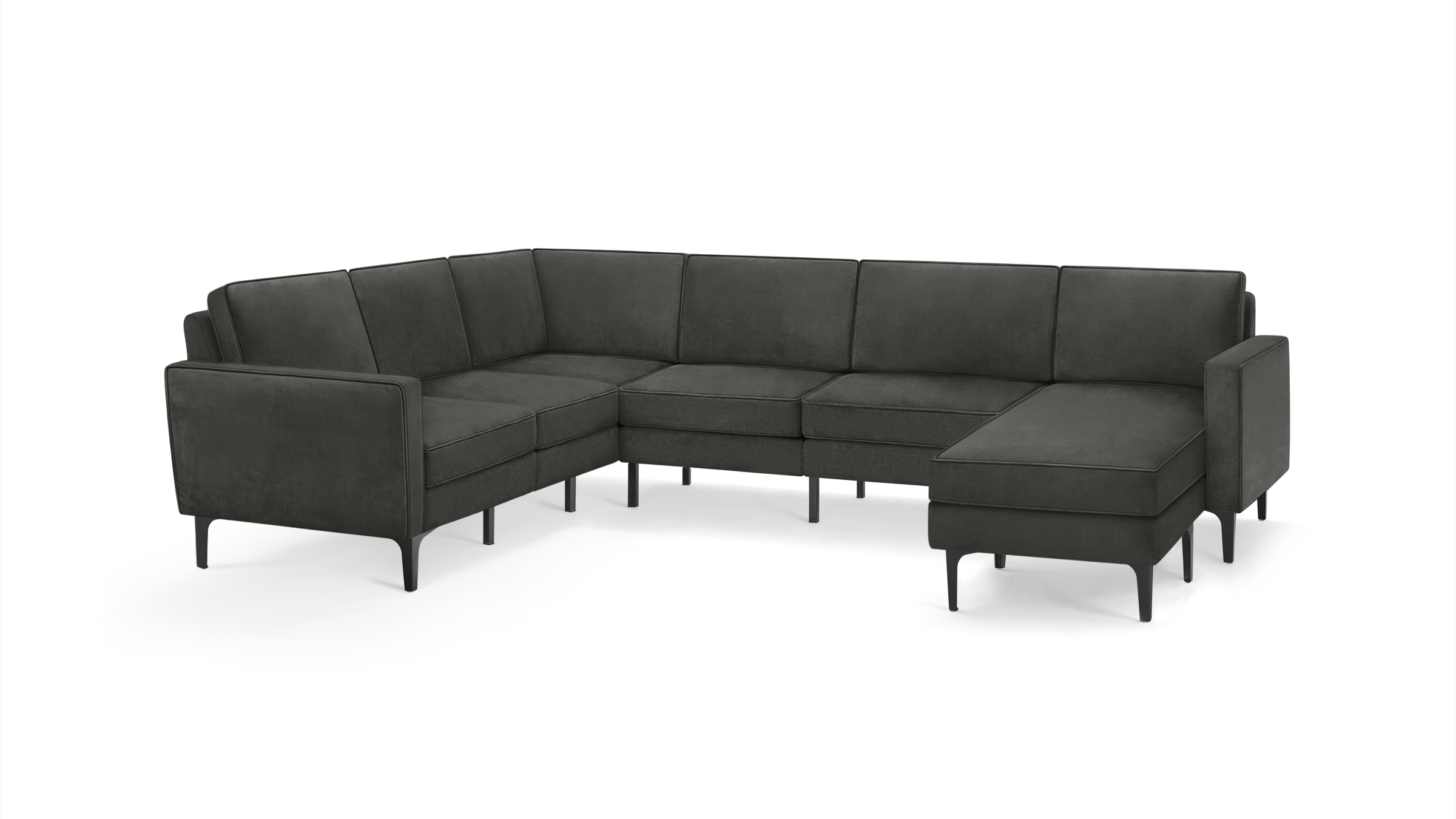 modern l - shaped sectional sofa with dark gray fabric upholstery, tapered legs, and a sleek design, featuring a clean, modern design