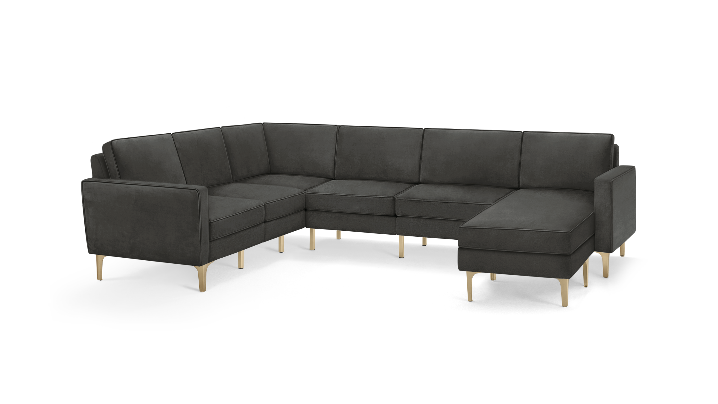 modern l - shaped sectional sofa with light gold legs and dark gray fabric upholstery, featuring a clean, modern design