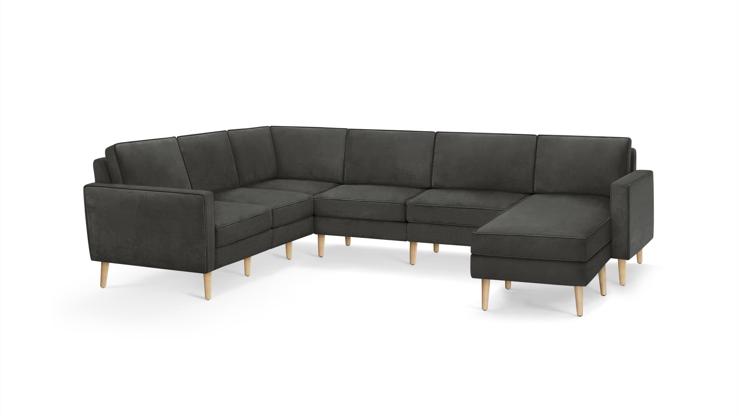modern l - shaped sectional sofa with light wood legs and dark gray fabric upholstery, featuring a clean, modern design