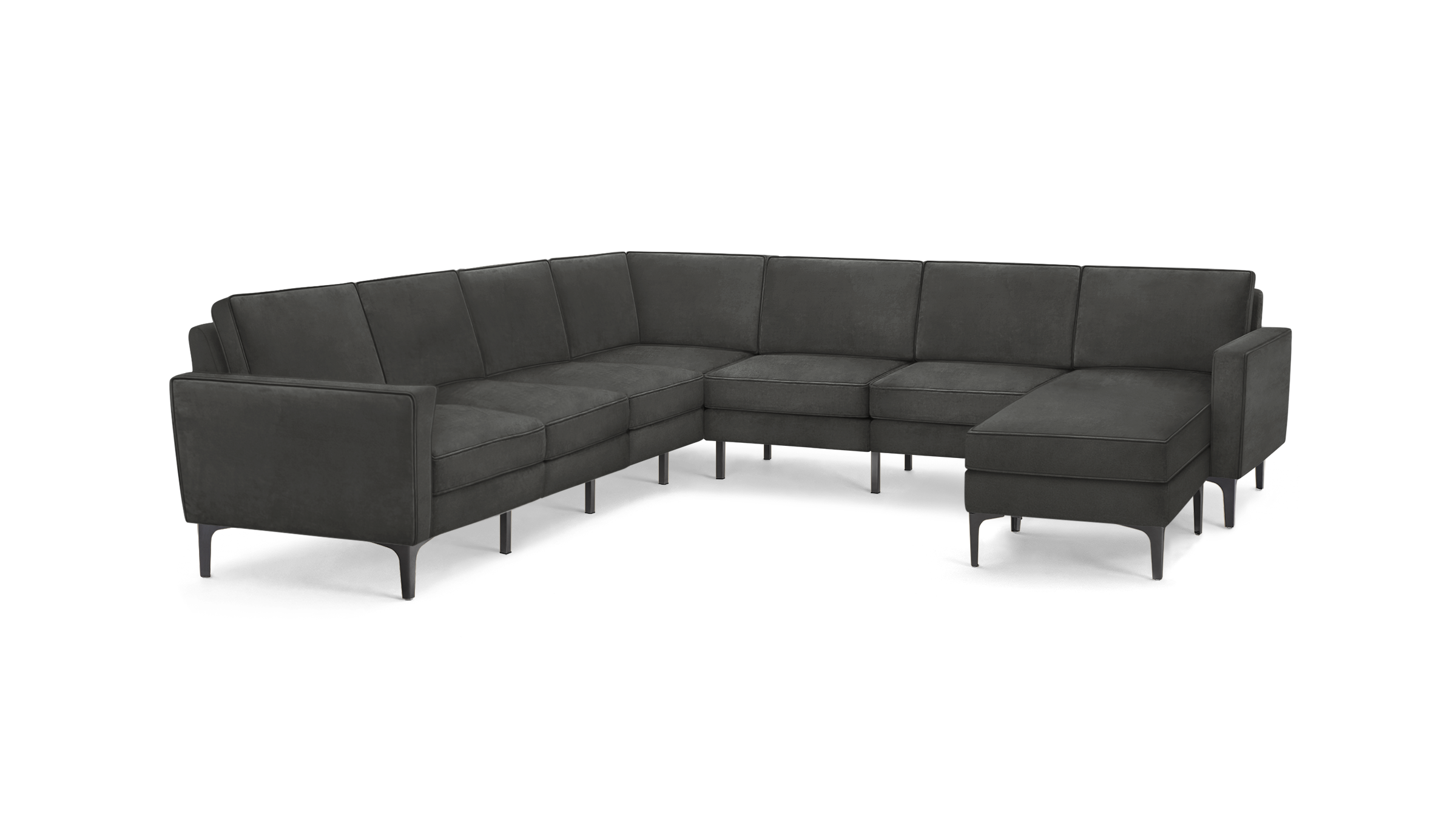 dark gray l - shaped sectional sofa with tufted back cushions and black metal legs, featuring a clean, modern design