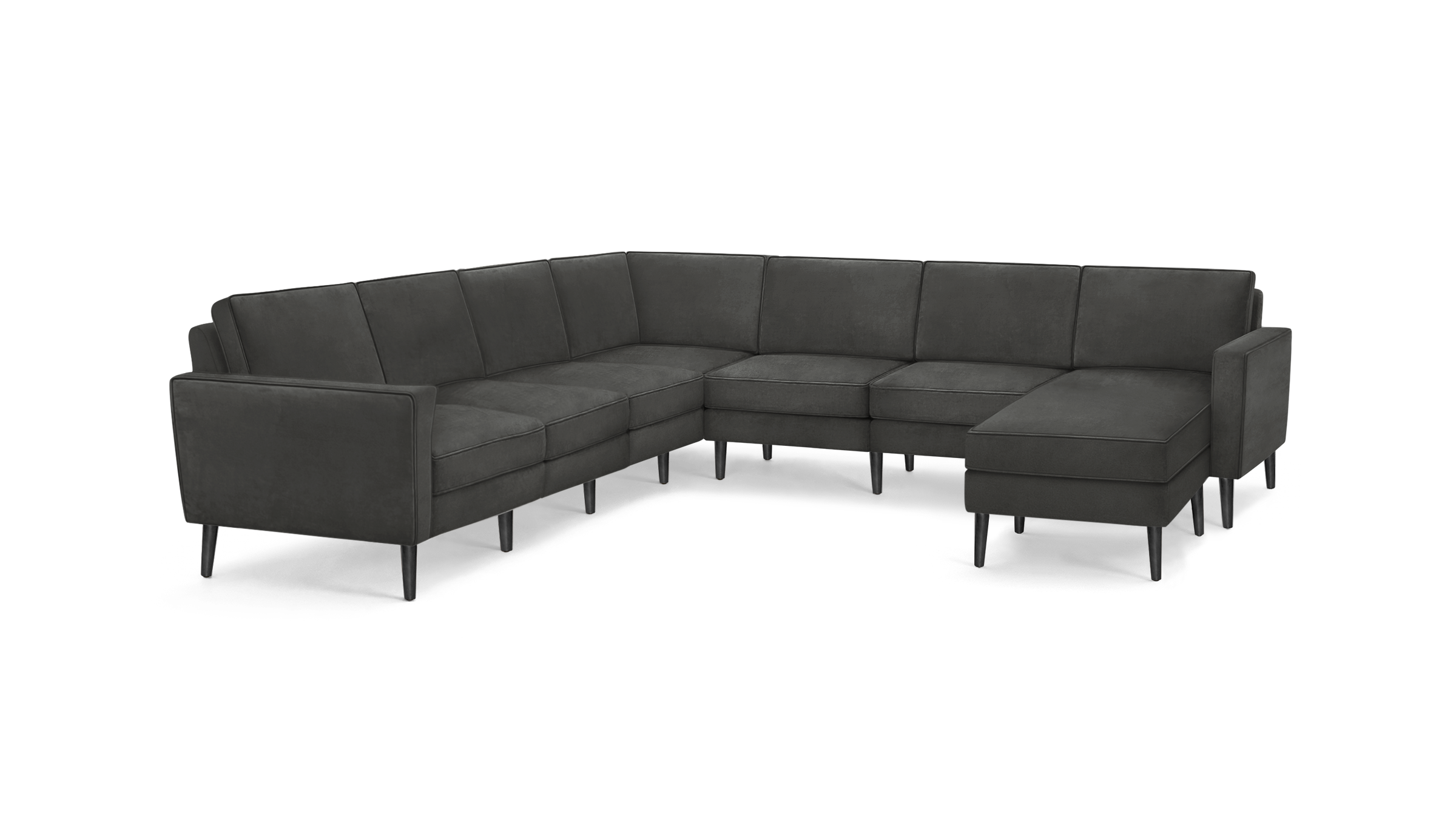 modern l - shaped sectional sofa with dark gray fabric upholstery, featuring tufted cushions and black metal legs