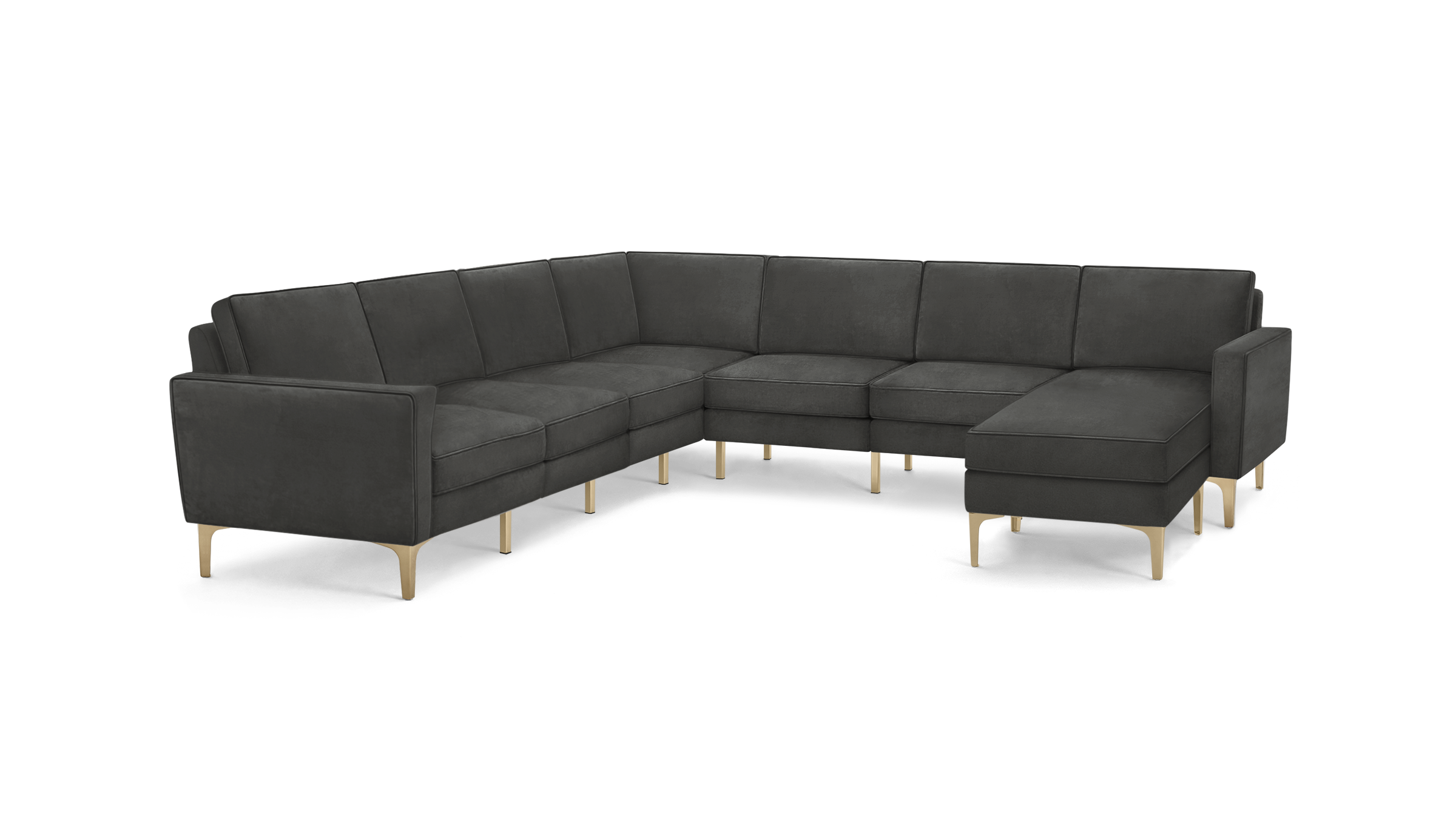 dark gray l - shaped sectional sofa with gold legs and clean lines on the back, featuring a tufted backrest, and matching ottoman