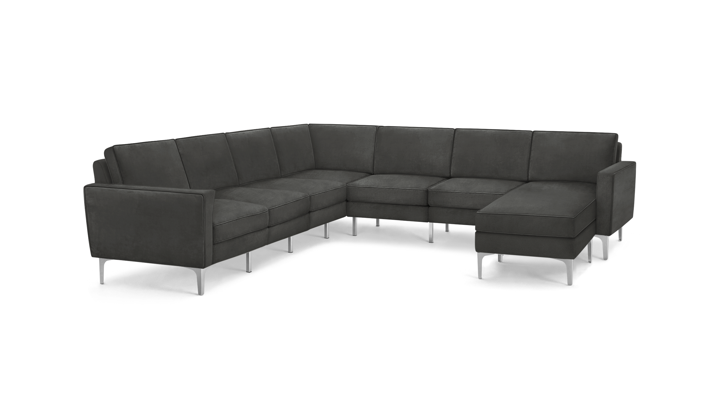 modern l - shaped sectional sofa with dark gray fabric upholstery, featuring tufted back cushions and sleek metal legs