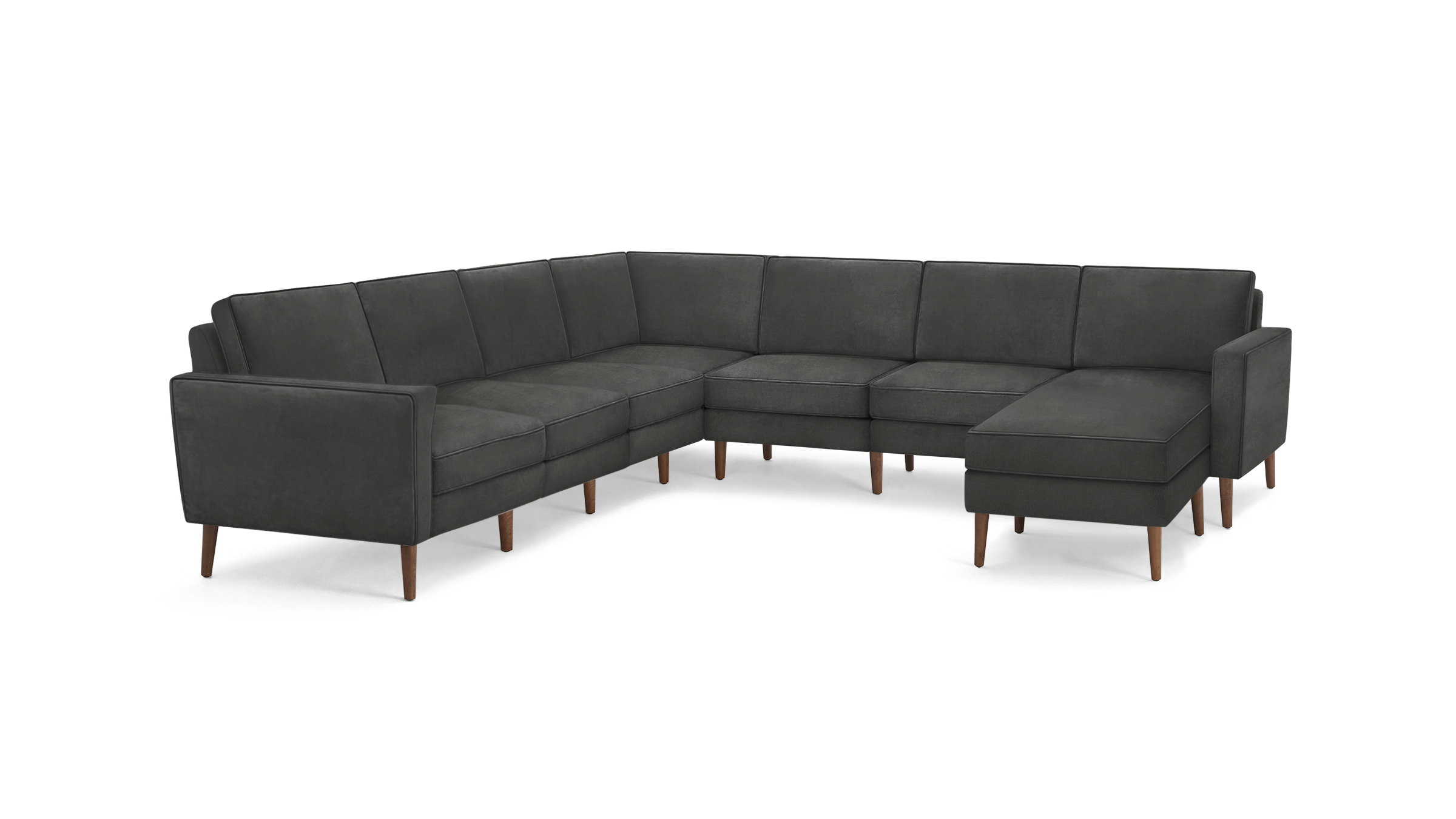 dark gray l - shaped sectional sofa with wooden legs and clean lines on the back, featuring clean lines and clean lines on the sides