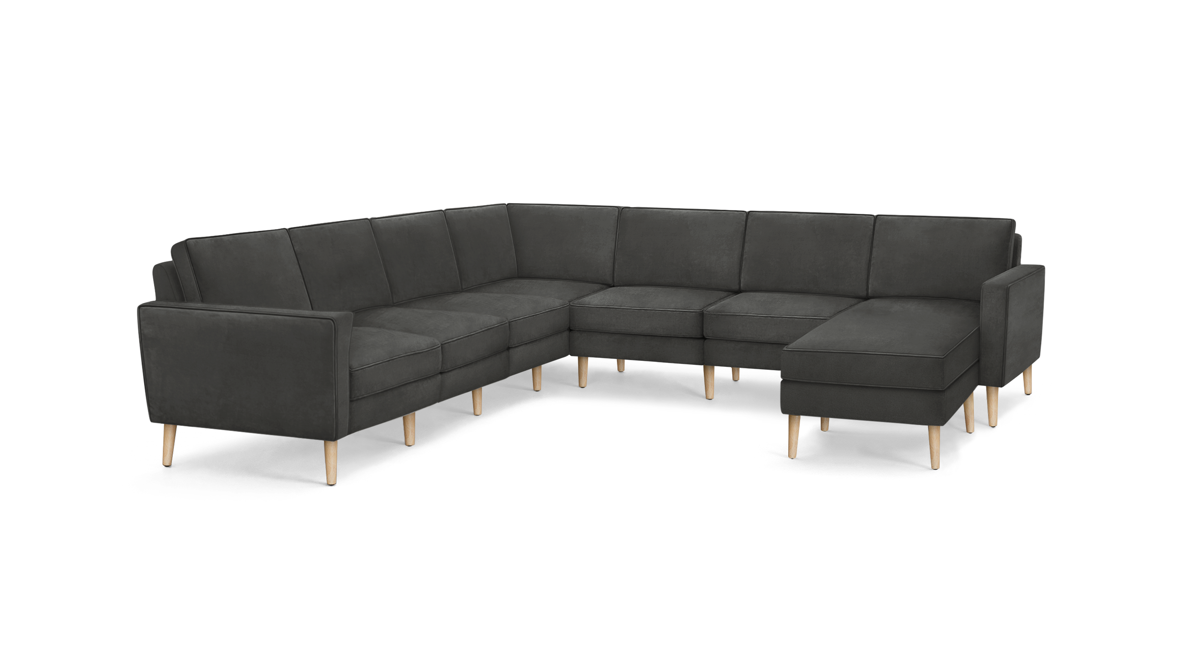 dark gray l - shaped sectional sofa with wooden legs and clean lines on the back, featuring clean lines and clean lines on the sides