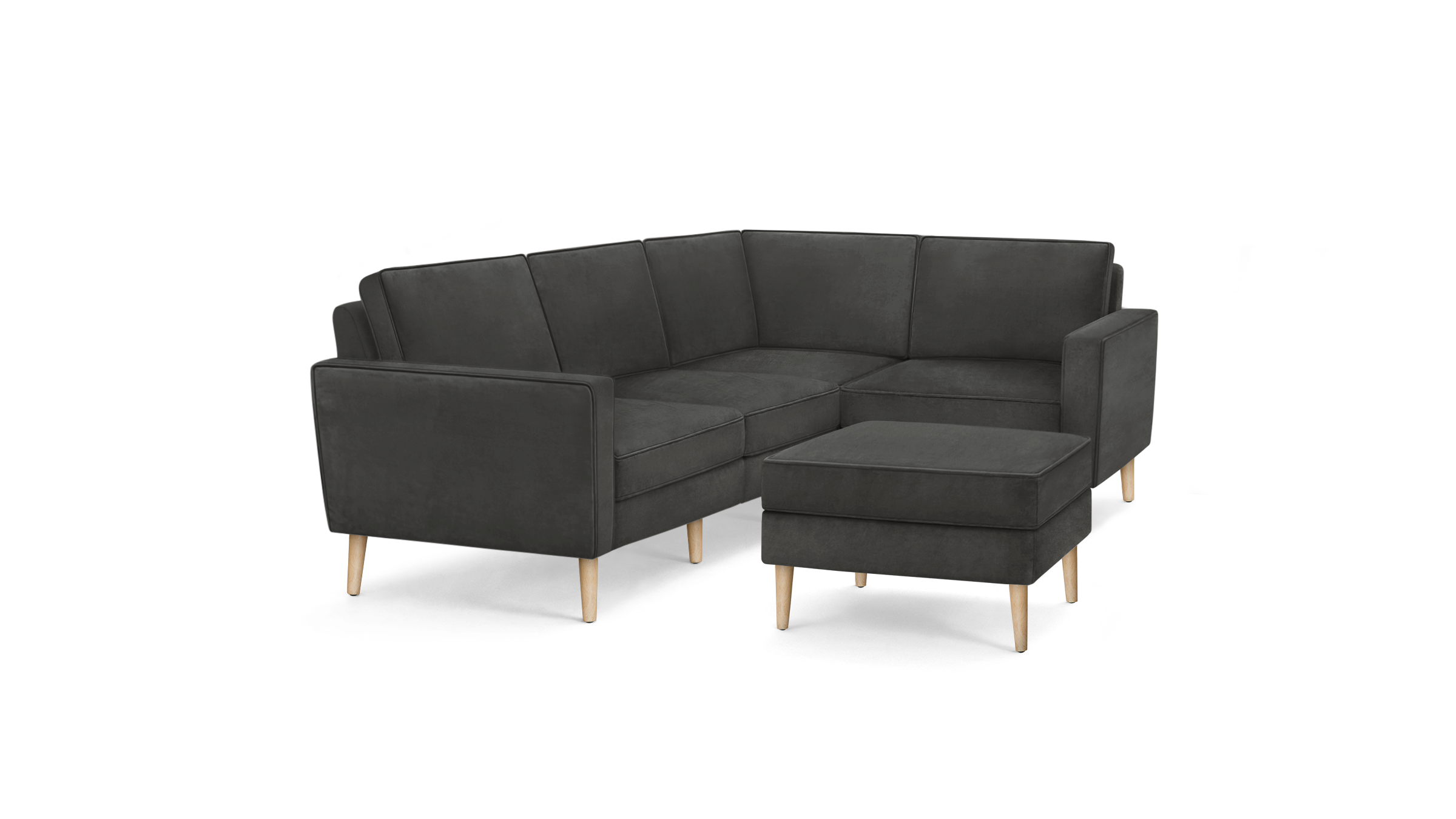 modern l - shaped sectional sofa with matching ottoman, dark gray fabric, and wooden legs, featuring a clean, minimalist design