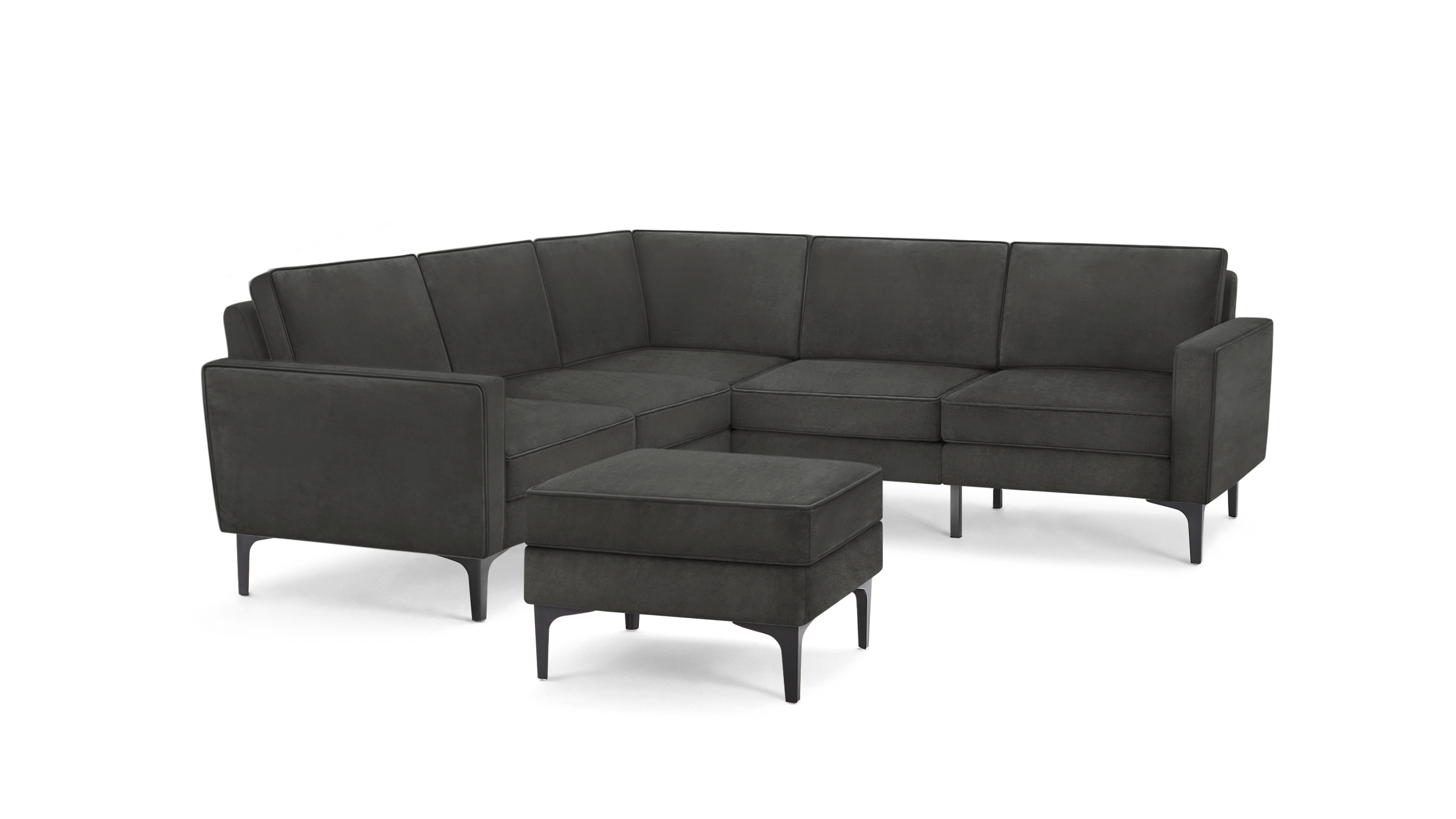 modern dark gray sectional sofa with matching ottoman, featuring sleek lines and sleek lines, featuring sleek lines and sleek lines