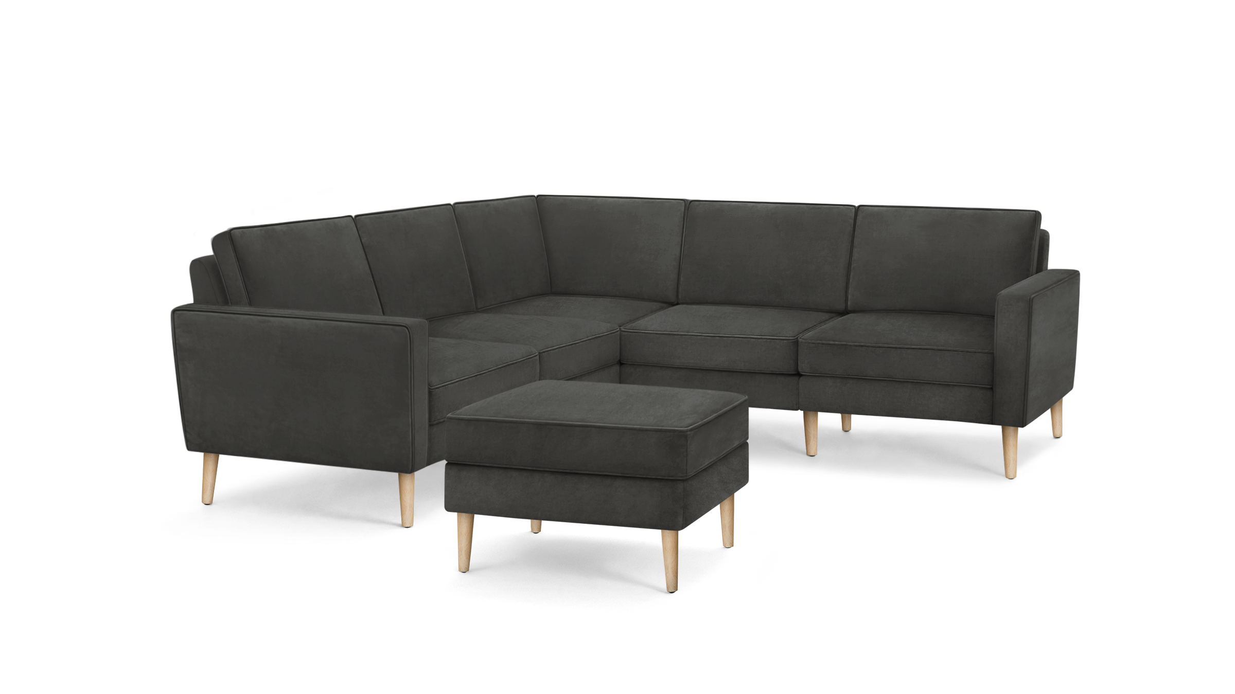 modern dark gray sectional sofa with matching ottoman and wooden legs, featuring a sleek design and clean lines on the back