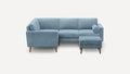 modern light blue sectional sofa with chaise lounge and matching ottoman, featuring wooden legs and clean lines on the back