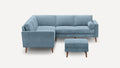 modern light blue sectional sofa with matching ottoman and wooden legs, featuring a clean, minimalist design