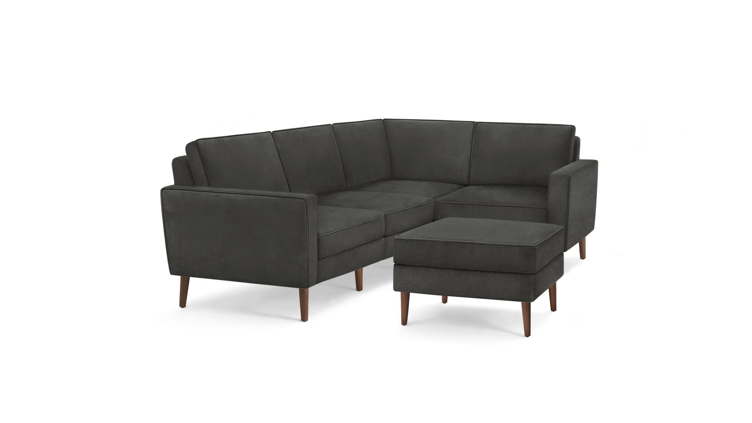 modern l - shaped sectional sofa with dark gray fabric upholstery, featuring wooden legs, and a matching ottoman, featuring a sleek design