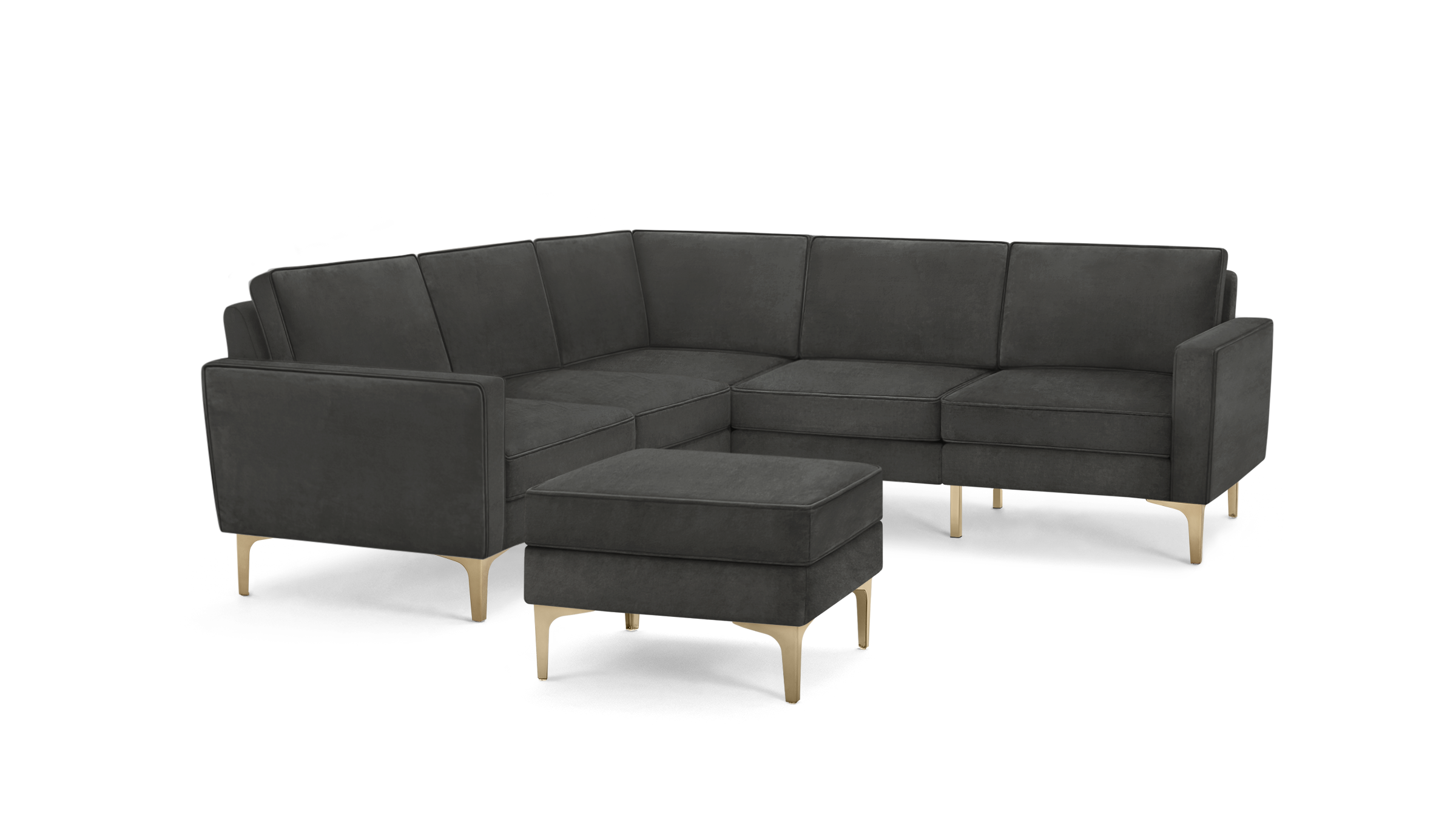 modern dark gray sectional sofa with matching ottoman and matching ottoman, featuring gold metal legs and matching cushioned cushions