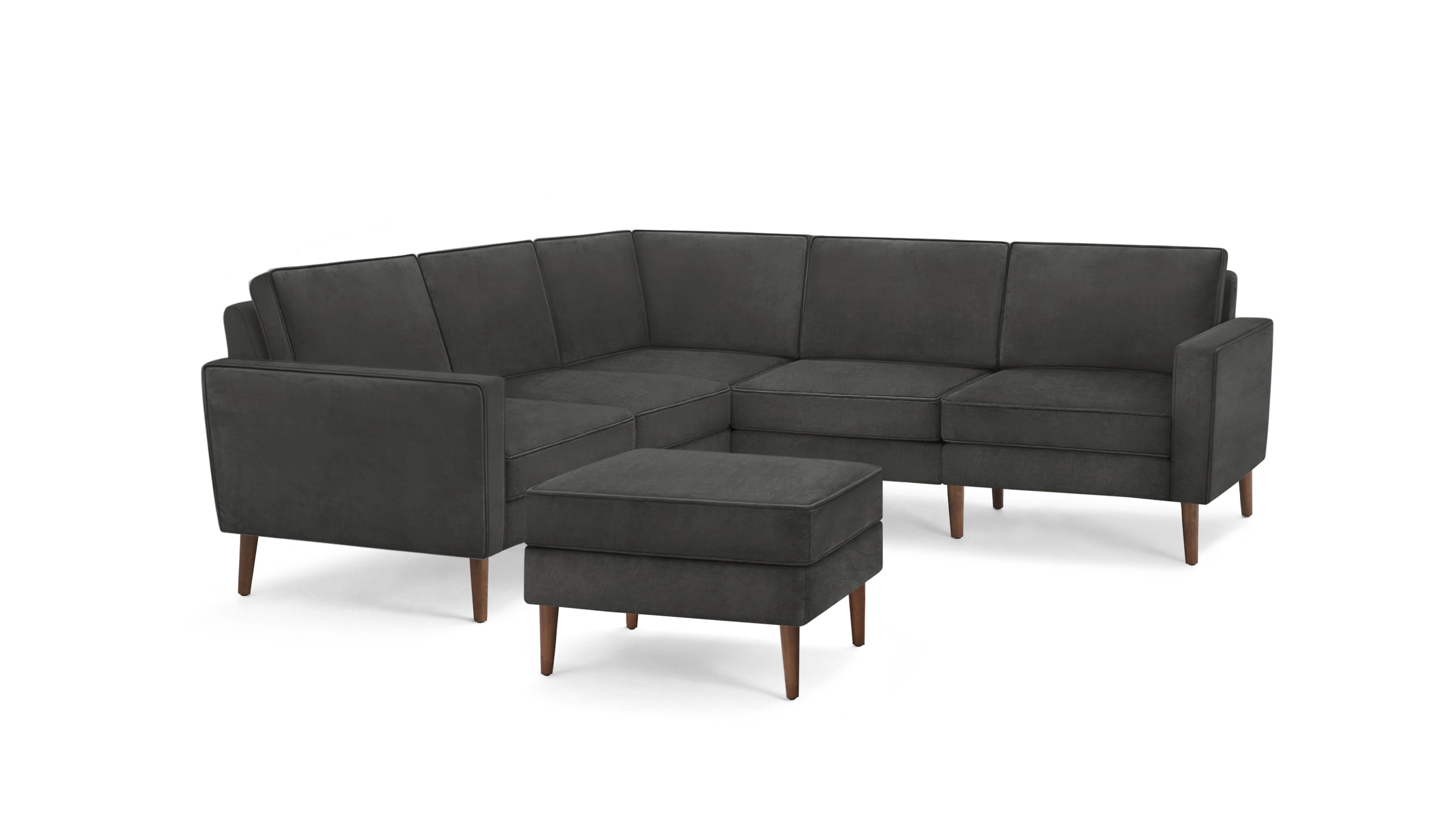 modern dark gray sectional sofa with matching ottoman and wooden legs, featuring a sleek design and clean lines on the back