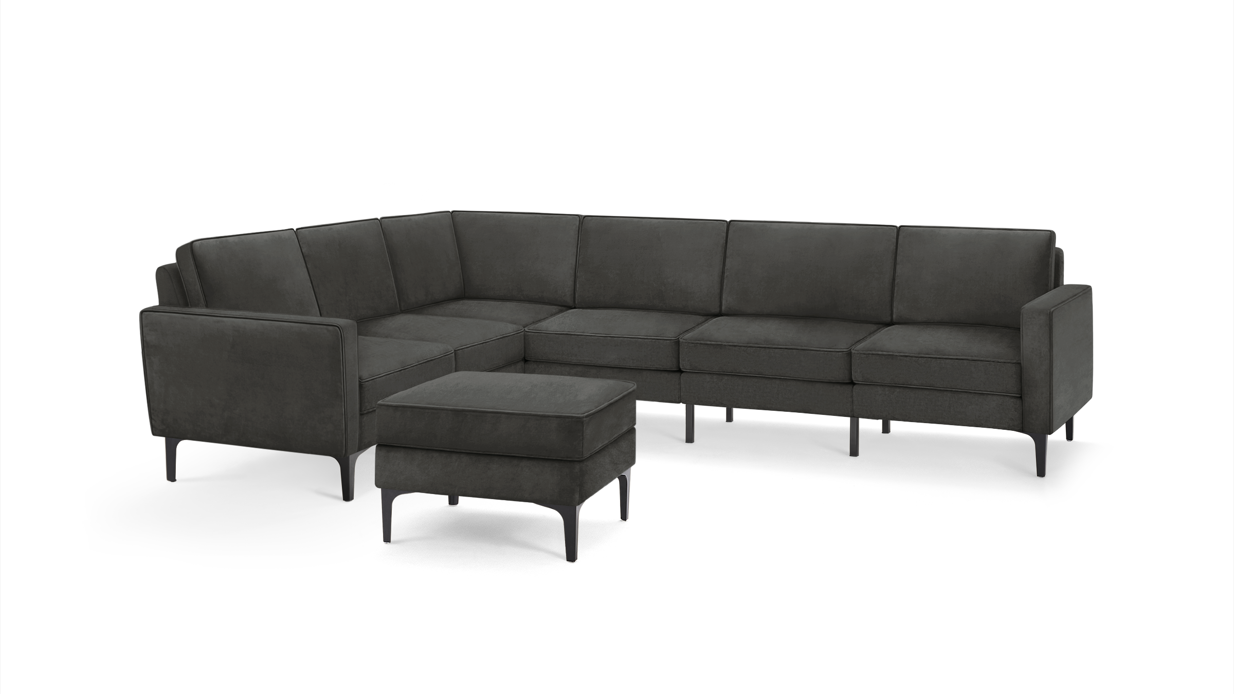 modern dark gray sectional sofa with matching ottoman, featuring sleek lines and sleek lines, featuring a sleek design and sleek lines