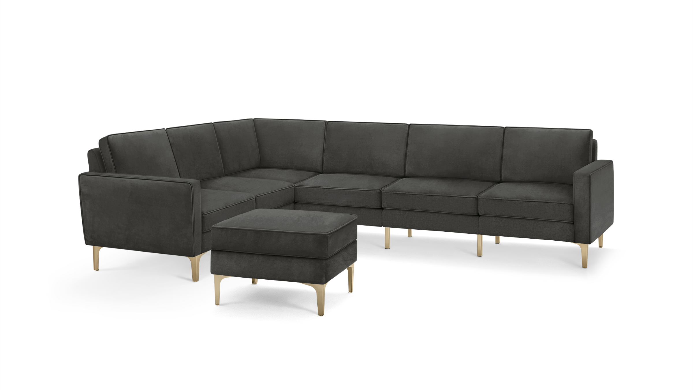 modern dark gray velvet sectional sofa with matching ottoman and gold metal legs, featuring a clean, minimalist design
