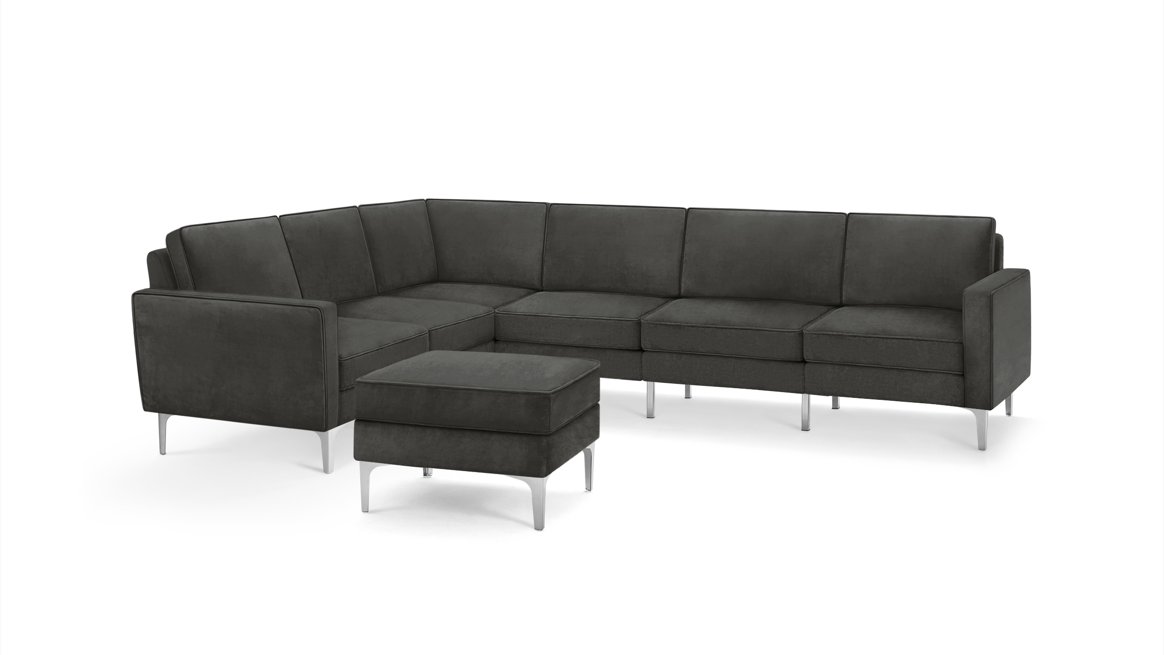 modern dark gray velvet sectional sofa with matching ottoman, featuring sleek metal legs and a sleek design
